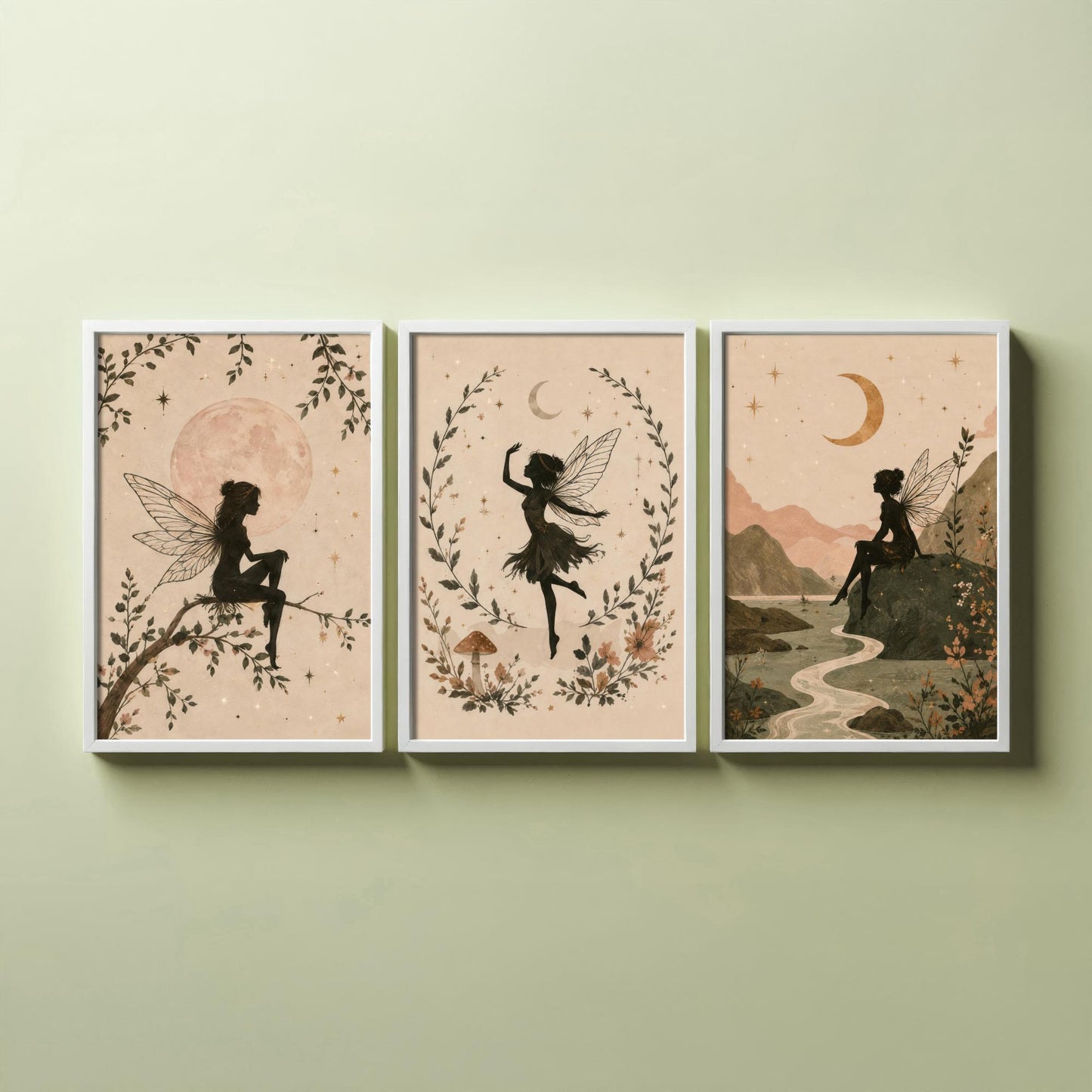 Set of Three Fairy & Moon Botanical Art Prints - Celestial Fairy Illustration - Whimsical Poster Wall Art Gift Nursery Decor V2