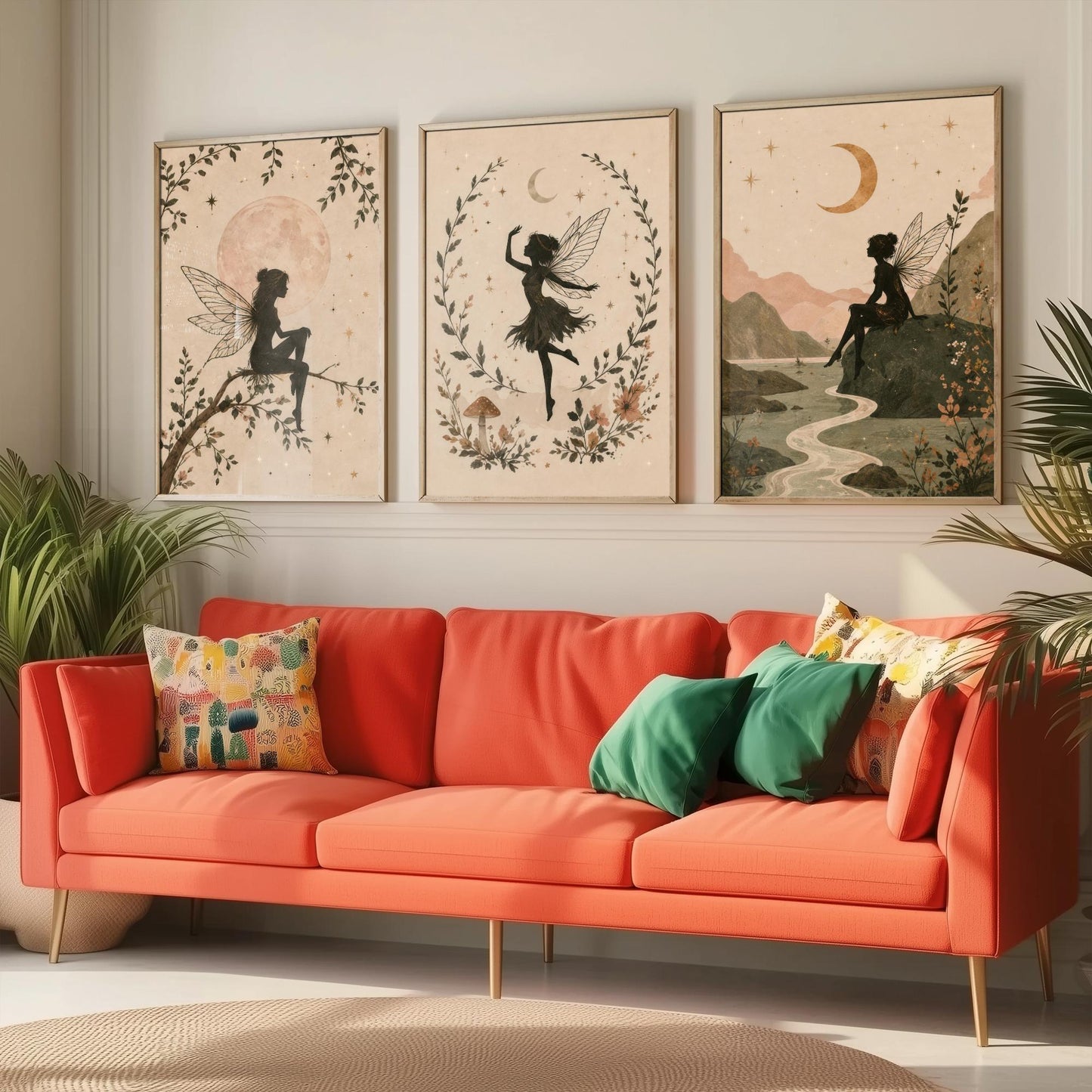 Set of Three Fairy & Moon Botanical Art Prints - Celestial Fairy Illustration - Whimsical Poster Wall Art Gift Nursery Decor V2