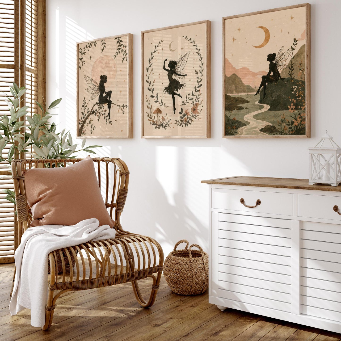 Set of Three Fairy & Moon Botanical Art Prints - Celestial Fairy Illustration - Whimsical Poster Wall Art Gift Nursery Decor V2