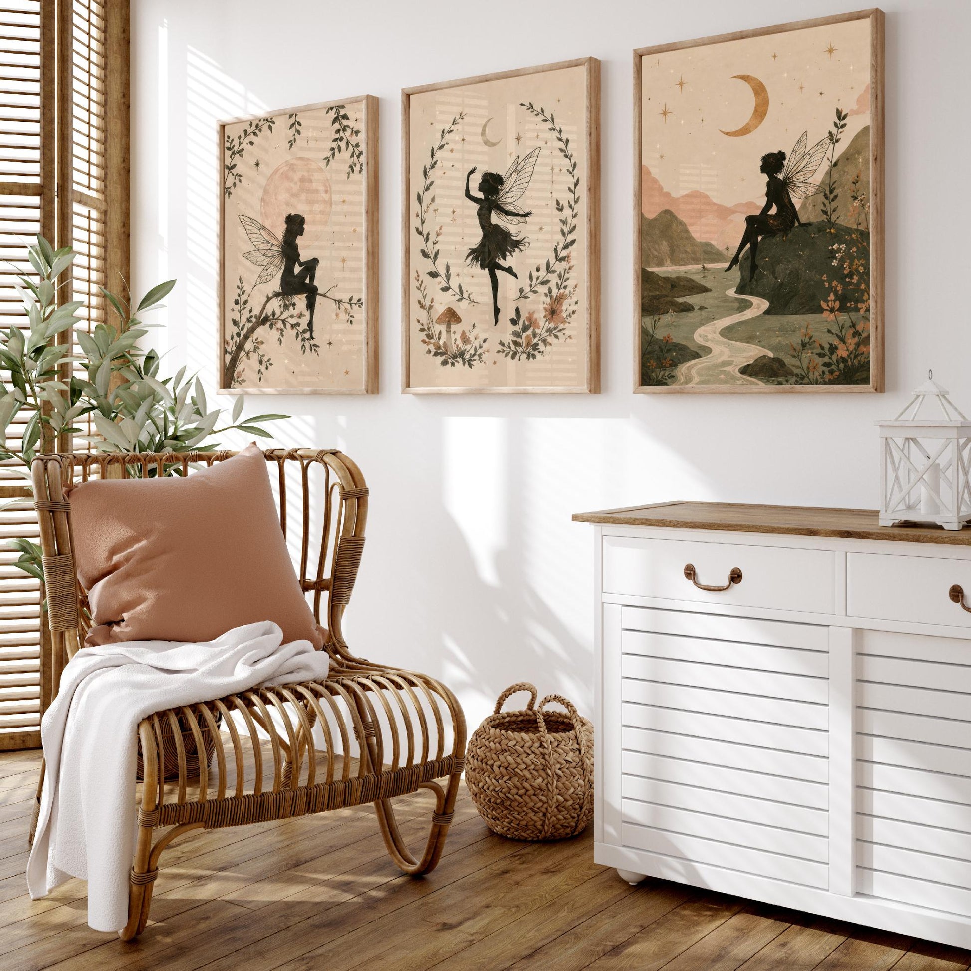 Set of Three Fairy & Moon Botanical Art Prints - Celestial Fairy Illustration - Whimsical Poster Wall Art Gift Nursery Decor V2