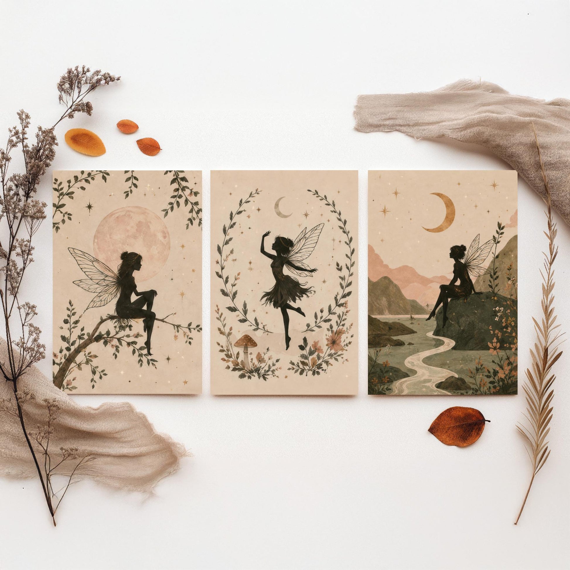 Set of Three Fairy & Moon Botanical Art Prints - Celestial Fairy Illustration - Whimsical Poster Wall Art Gift Nursery Decor V2