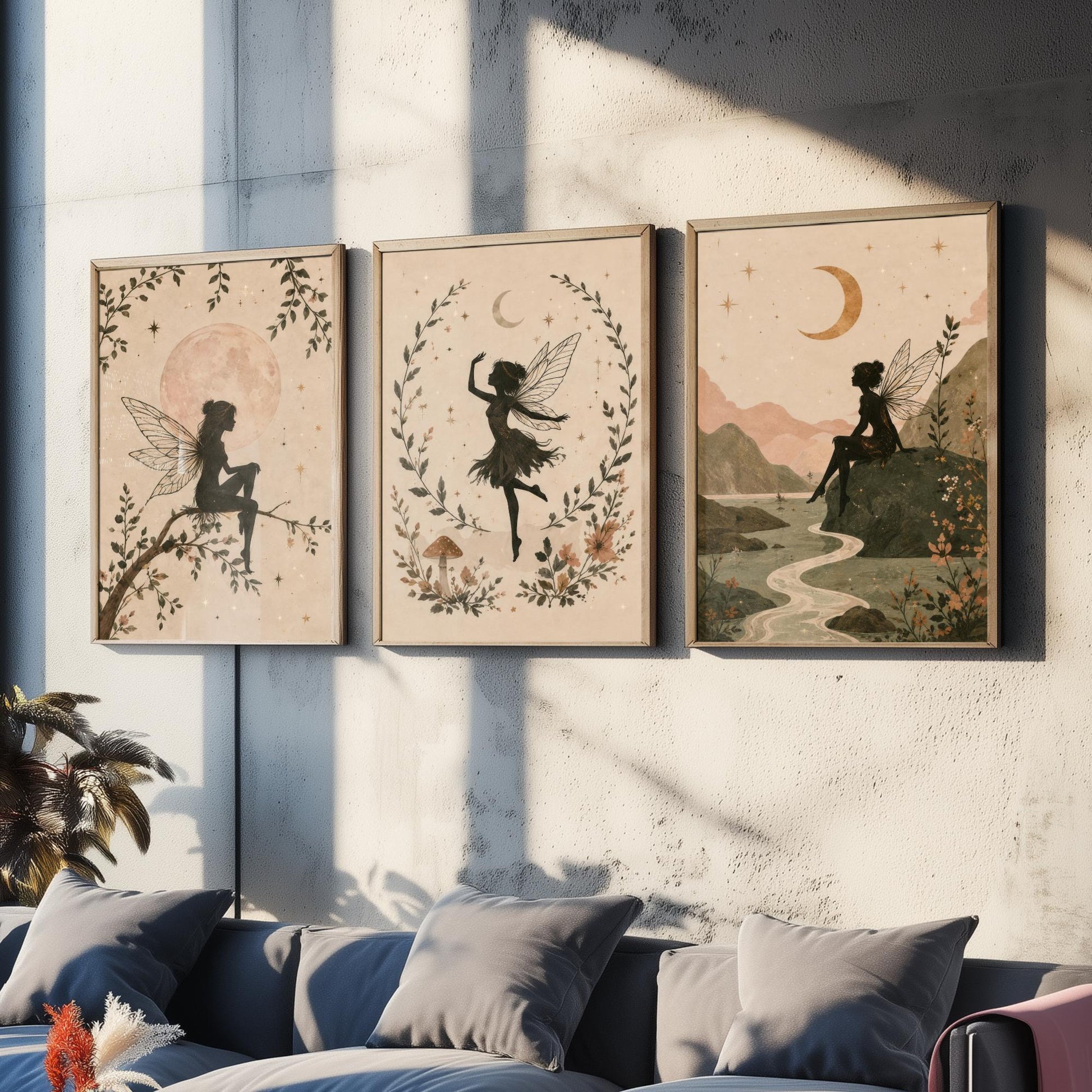 Set of Three Fairy & Moon Botanical Art Prints - Celestial Fairy Illustration - Whimsical Poster Wall Art Gift Nursery Decor V2
