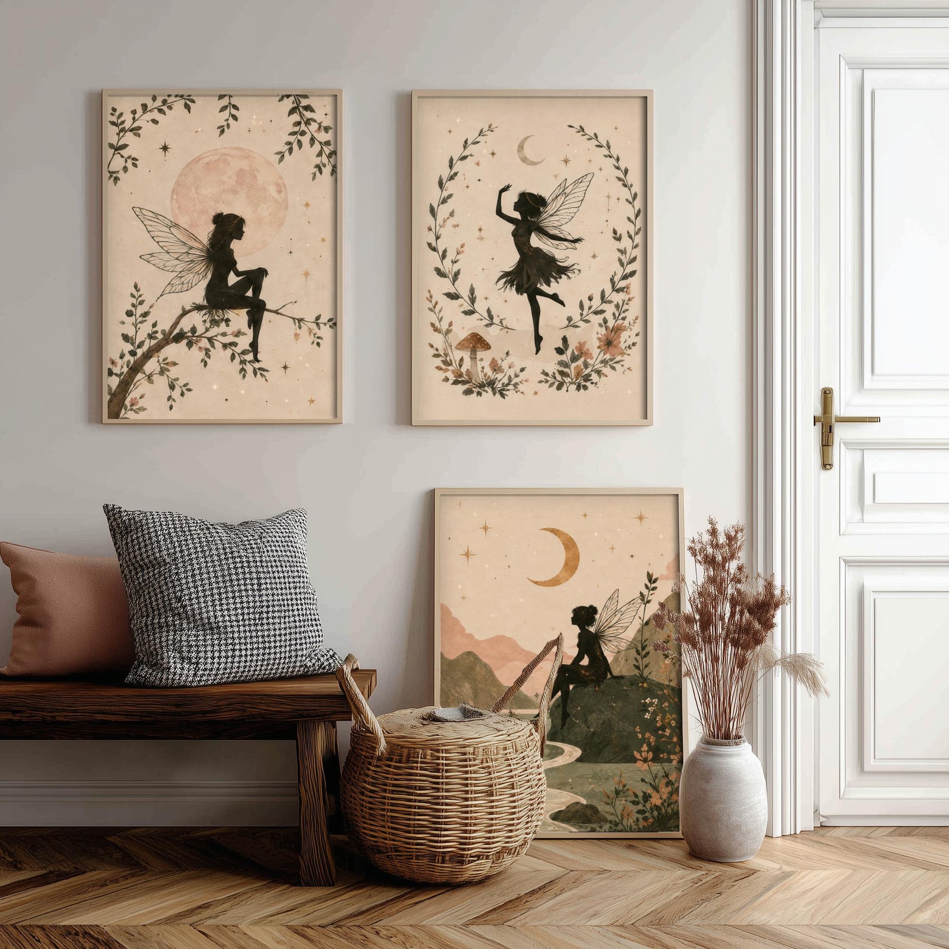 Set of Three Fairy & Moon Botanical Art Prints - Celestial Fairy Illustration - Whimsical Poster Wall Art Gift Nursery Decor V2