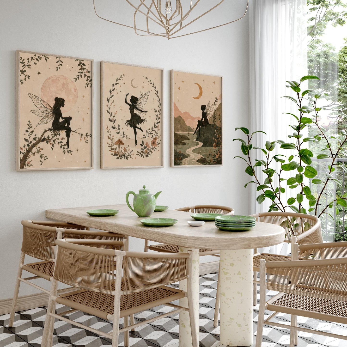 Set of Three Fairy & Moon Botanical Art Prints - Celestial Fairy Illustration - Whimsical Poster Wall Art Gift Nursery Decor V2