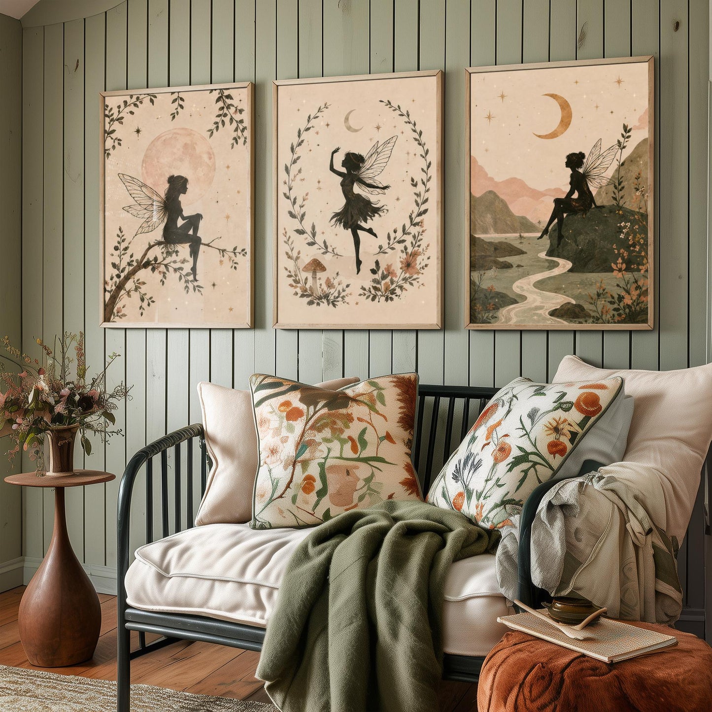Set of Three Fairy & Moon Botanical Art Prints - Celestial Fairy Illustration - Whimsical Poster Wall Art Gift Nursery Decor V2