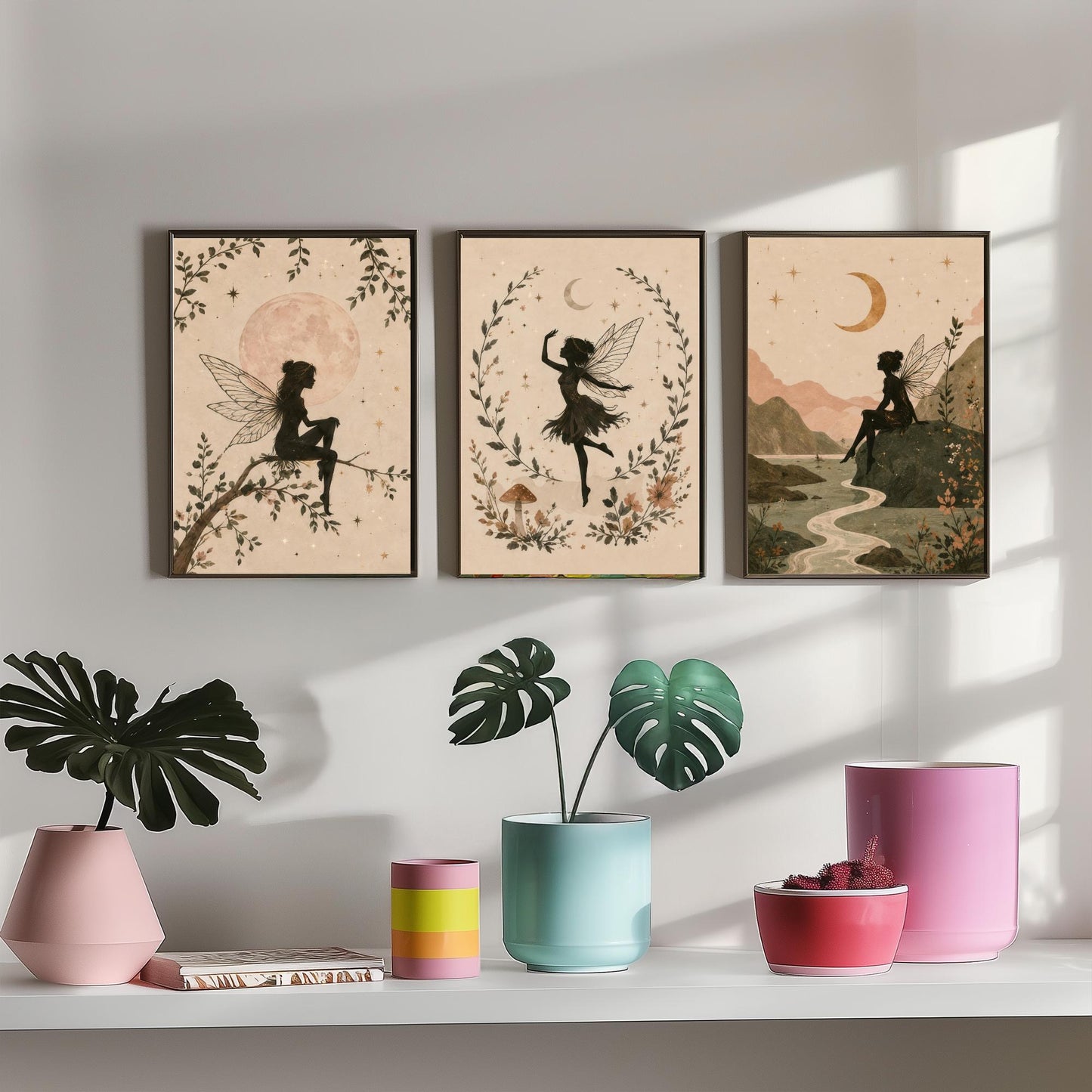 Set of Three Fairy & Moon Botanical Art Prints - Celestial Fairy Illustration - Whimsical Poster Wall Art Gift Nursery Decor V2