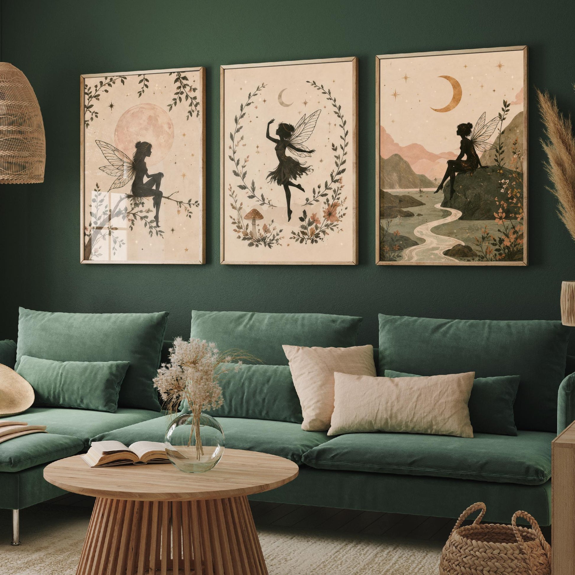 Set of Three Fairy & Moon Botanical Art Prints - Celestial Fairy Illustration - Whimsical Poster Wall Art Gift Nursery Decor V2
