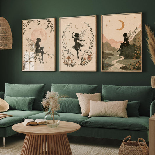 Set of Three Fairy & Moon Botanical Art Prints - Celestial Fairy Illustration - Whimsical Poster Wall Art Gift Nursery Decor V2