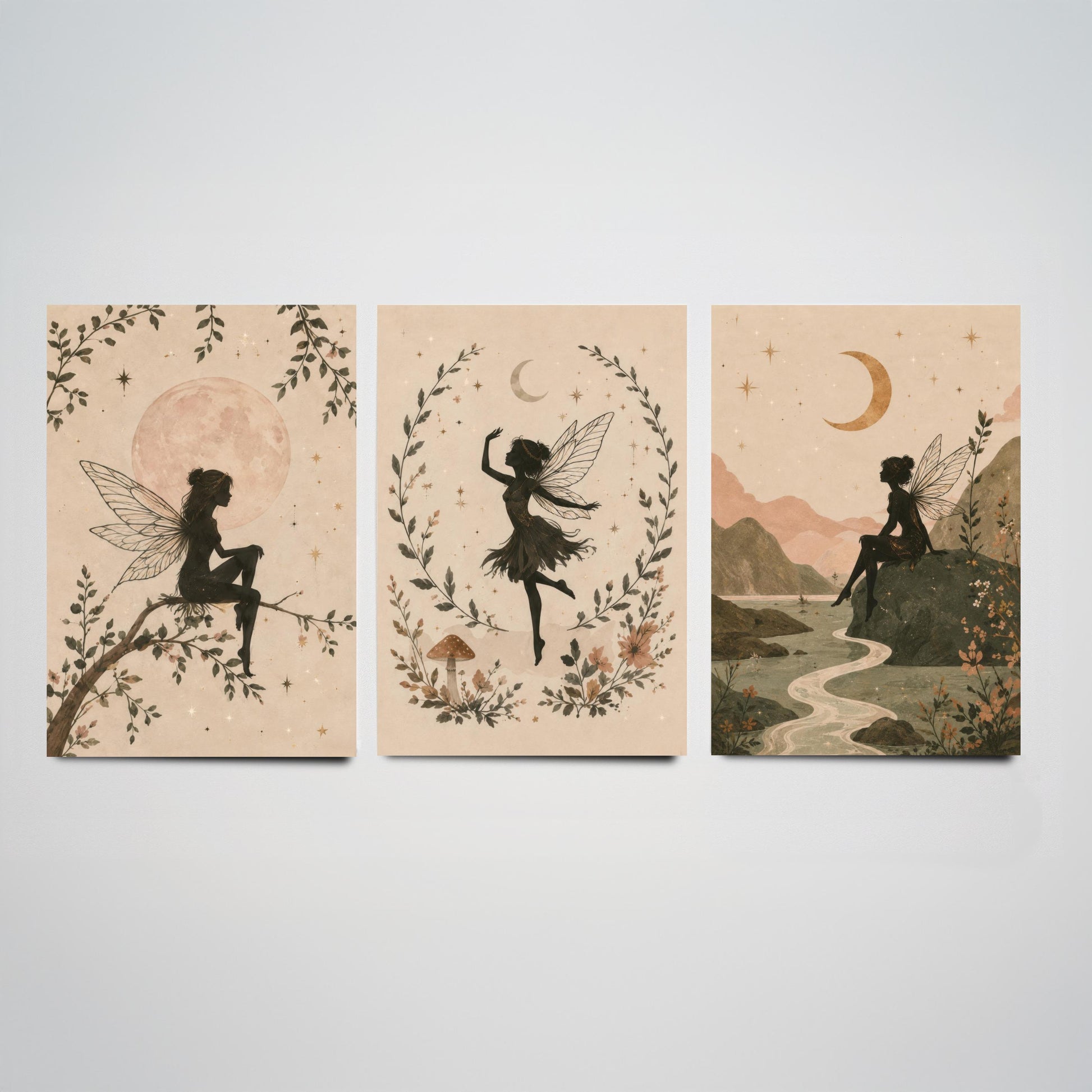 Set of Three Fairy & Moon Botanical Art Prints - Celestial Fairy Illustration - Whimsical Poster Wall Art Gift Nursery Decor V2
