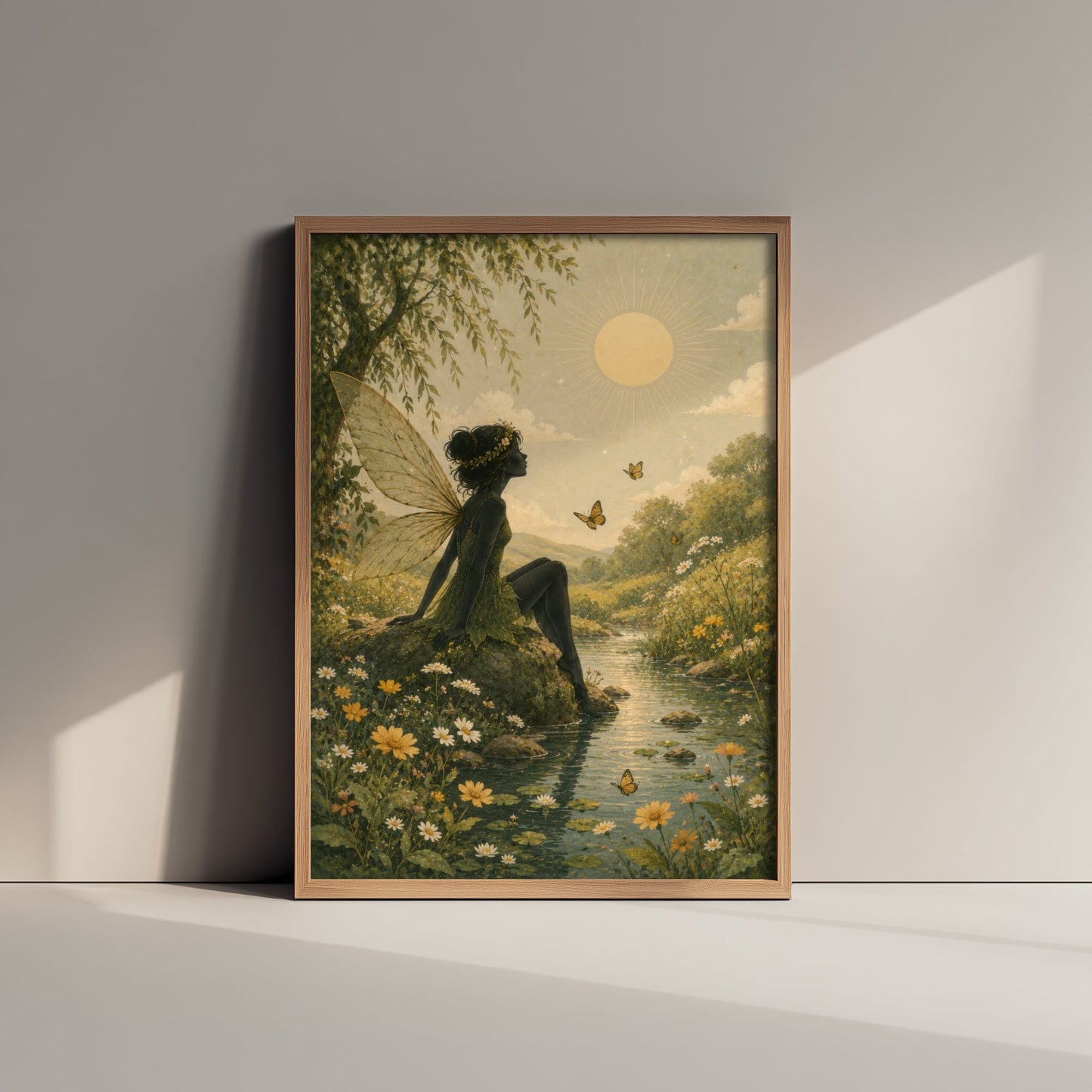 Fairy by the Stream Art Print - Celestial Botanical Poster - Whimsical Illustration - Nursery Wall Art V3 1/3