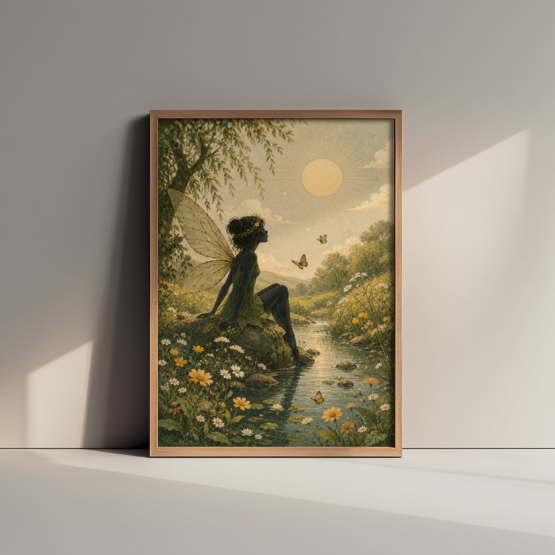 Fairy by the Stream Art Print - Celestial Botanical Poster - Whimsical Illustration - Nursery Wall Art V3 1/3