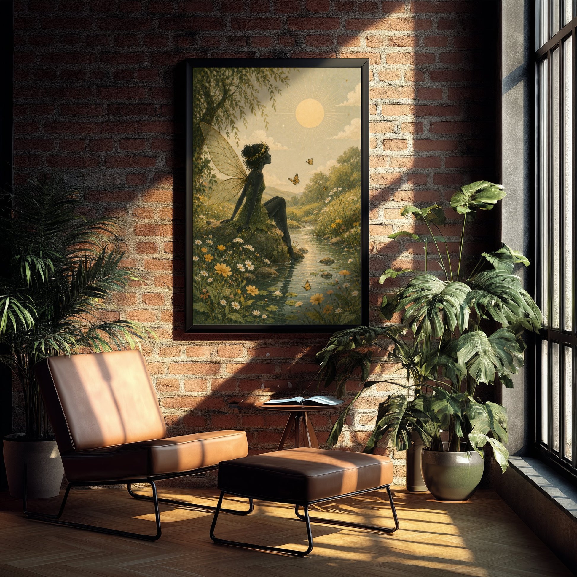 Fairy by the Stream Art Print - Celestial Botanical Poster - Whimsical Illustration - Nursery Wall Art V3 1/3