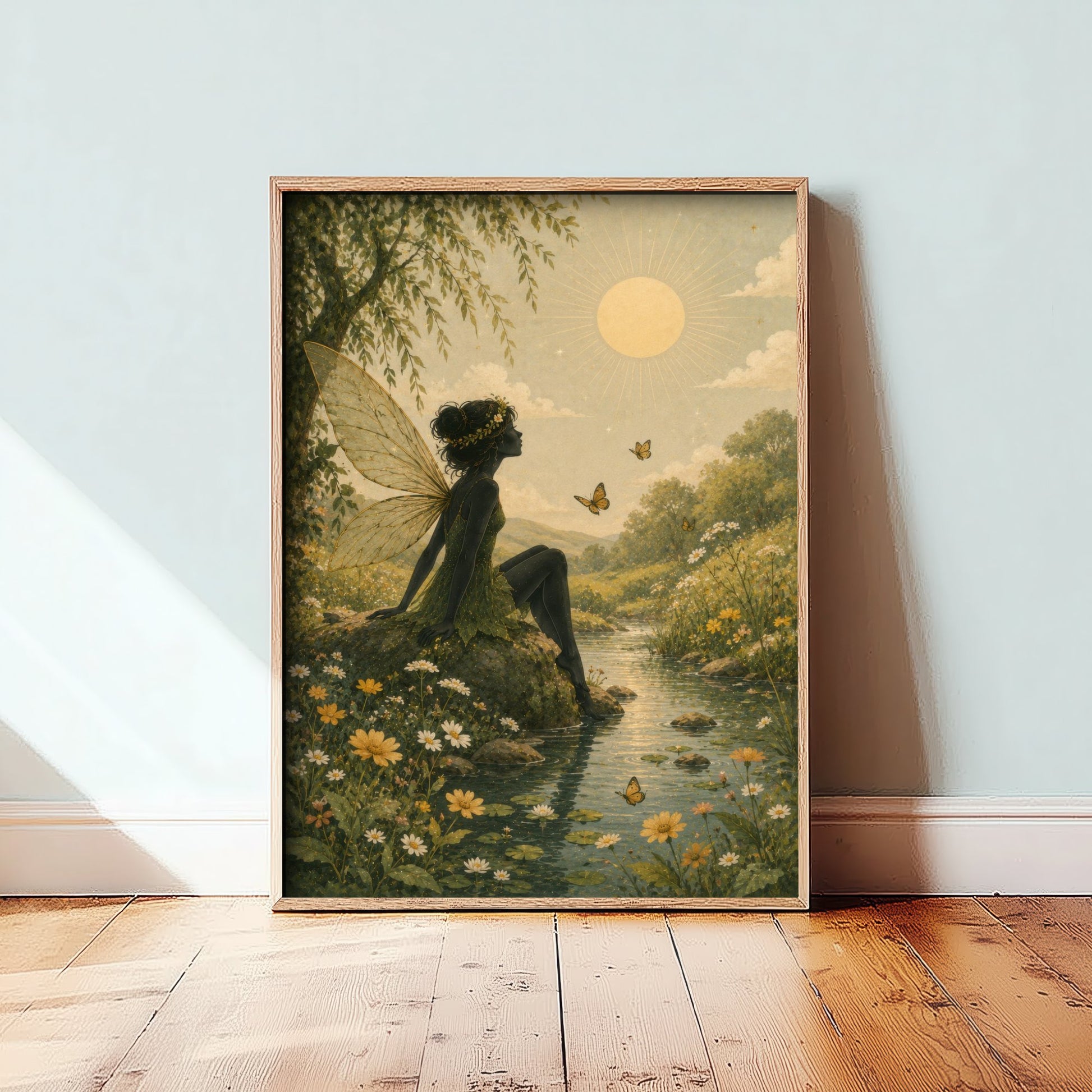 Fairy by the Stream Art Print - Celestial Botanical Poster - Whimsical Illustration - Nursery Wall Art V3 1/3
