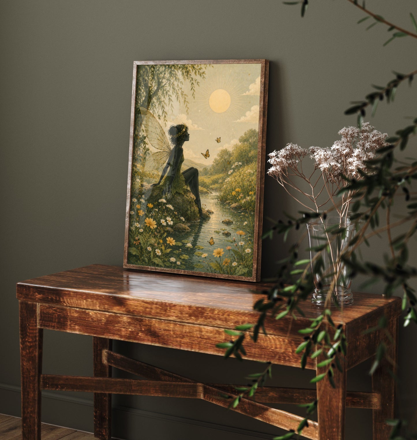 Fairy by the Stream Art Print - Celestial Botanical Poster - Whimsical Illustration - Nursery Wall Art V3 1/3