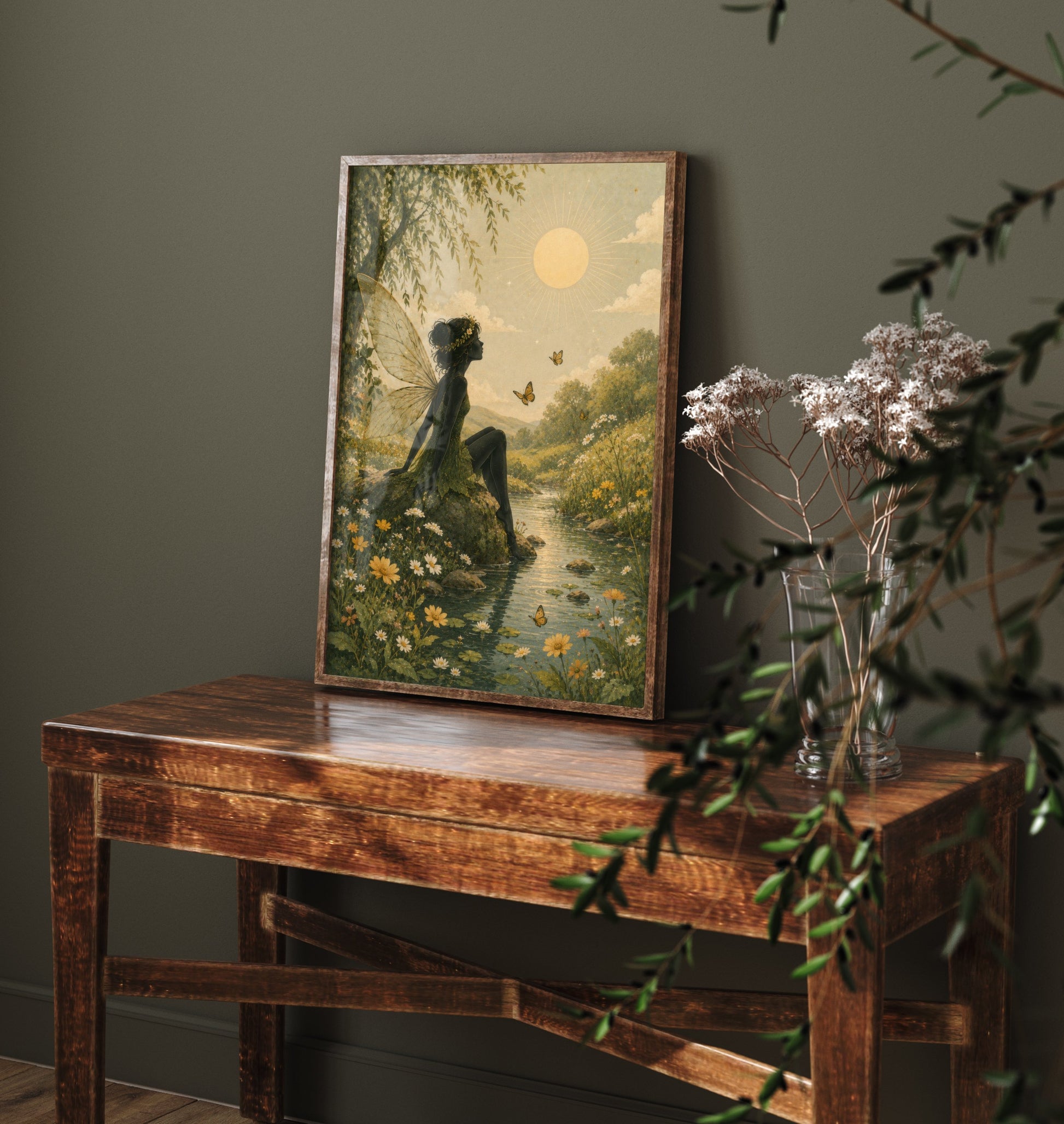 Fairy by the Stream Art Print - Celestial Botanical Poster - Whimsical Illustration - Nursery Wall Art V3 1/3