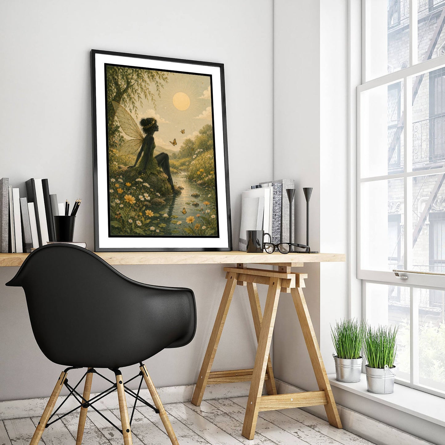 Fairy by the Stream Art Print - Celestial Botanical Poster - Whimsical Illustration - Nursery Wall Art V3 1/3