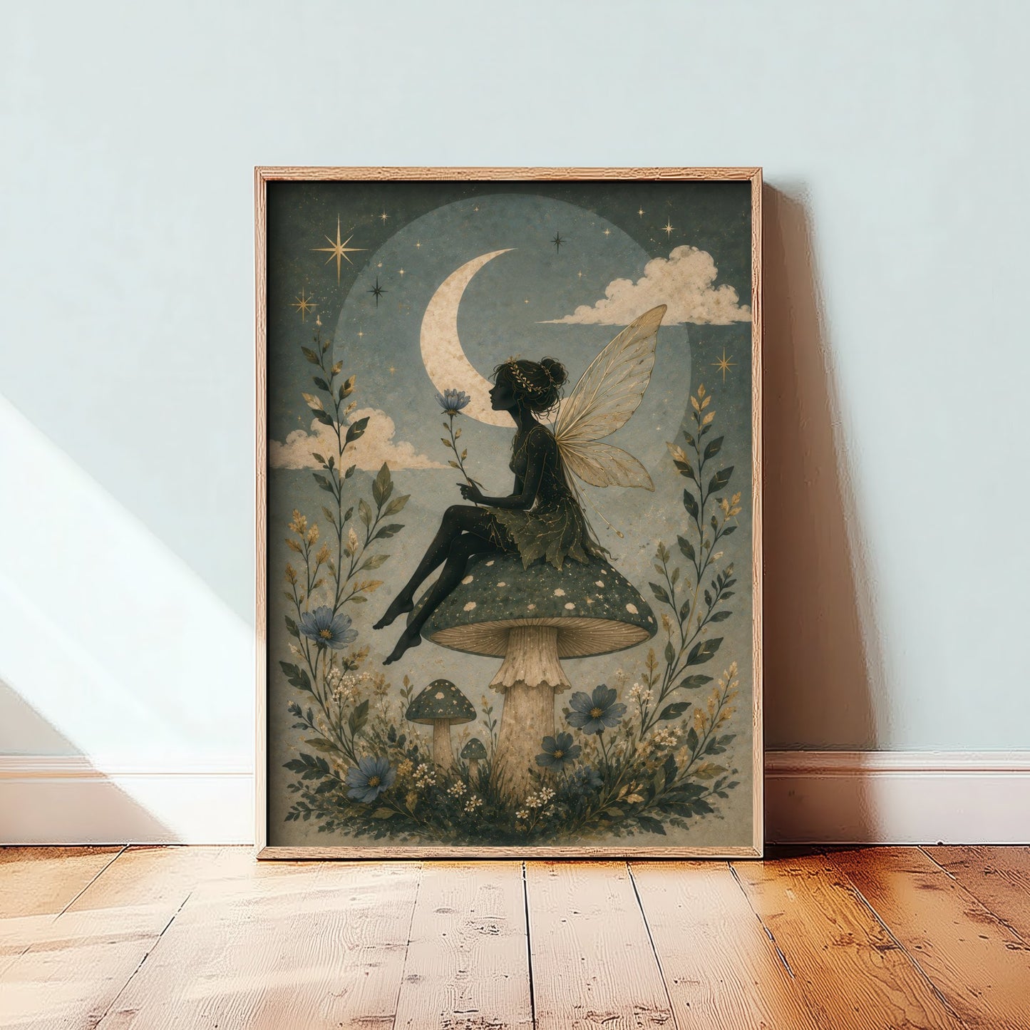Fairy on a Toadstool Art Print - Crescent Moon Botanical Poster - Whimsical Illustration - Nursery Wall Art V3 2/3