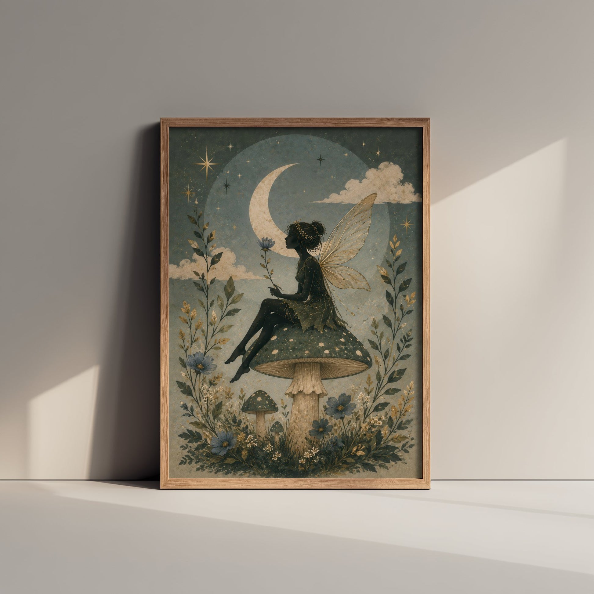 Fairy on a Toadstool Art Print - Crescent Moon Botanical Poster - Whimsical Illustration - Nursery Wall Art V3 2/3