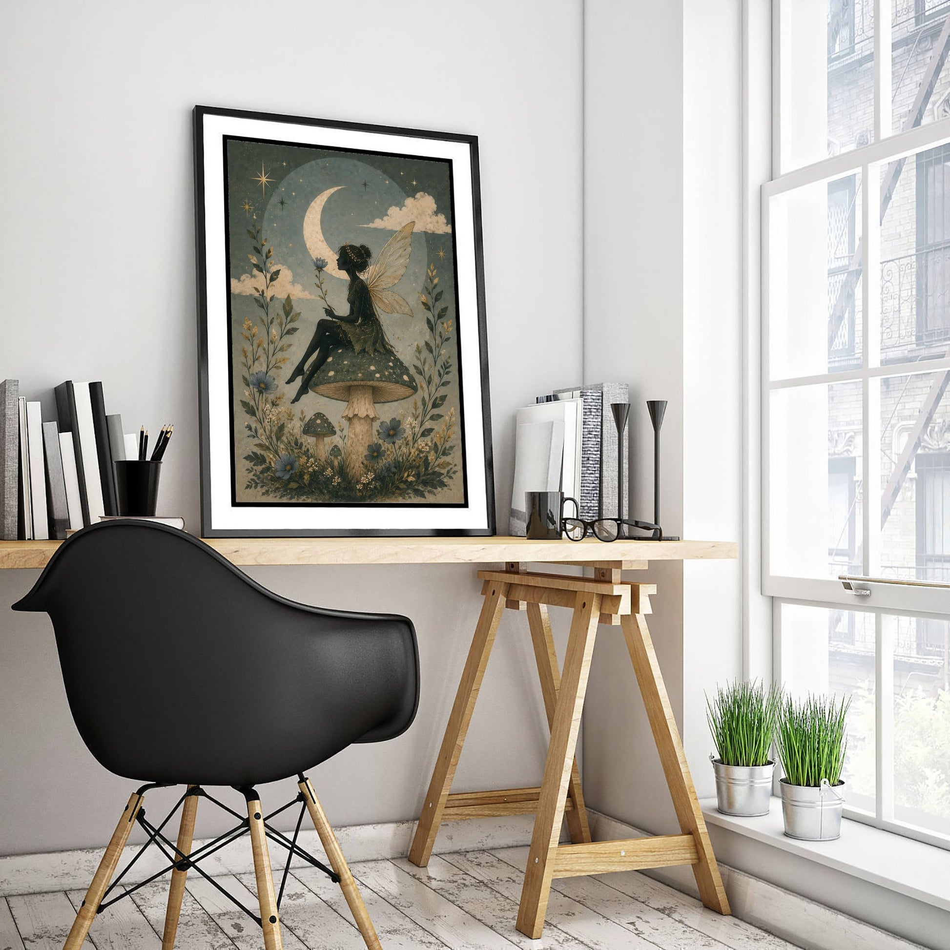 Fairy on a Toadstool Art Print - Crescent Moon Botanical Poster - Whimsical Illustration - Nursery Wall Art V3 2/3