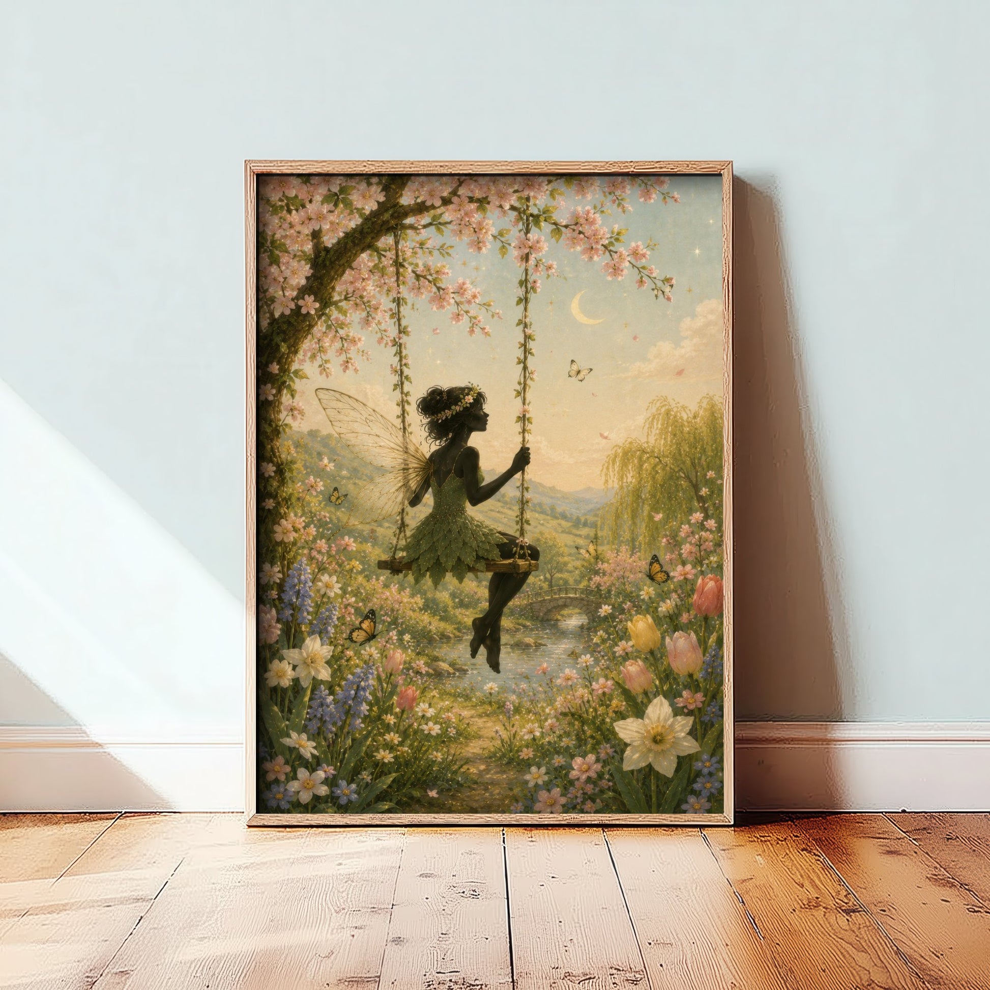 Fairy on a Blossom Swing Art Print - Celestial Botanical Poster - Whimsical Illustration - Wall Art V3 3/3