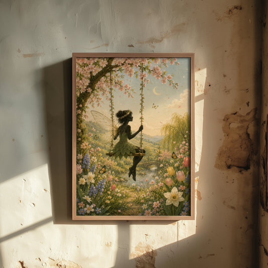Fairy on a Blossom Swing Art Print - Celestial Botanical Poster - Whimsical Illustration - Wall Art V3 3/3