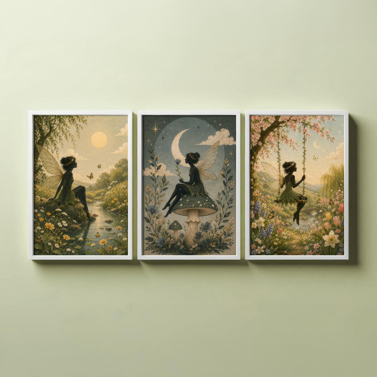 Fairy & Moon Botanical Set of Three Art Prints - Storybook Fairy Painting - Magical Floral Poster Wall Art Gift Decor V3