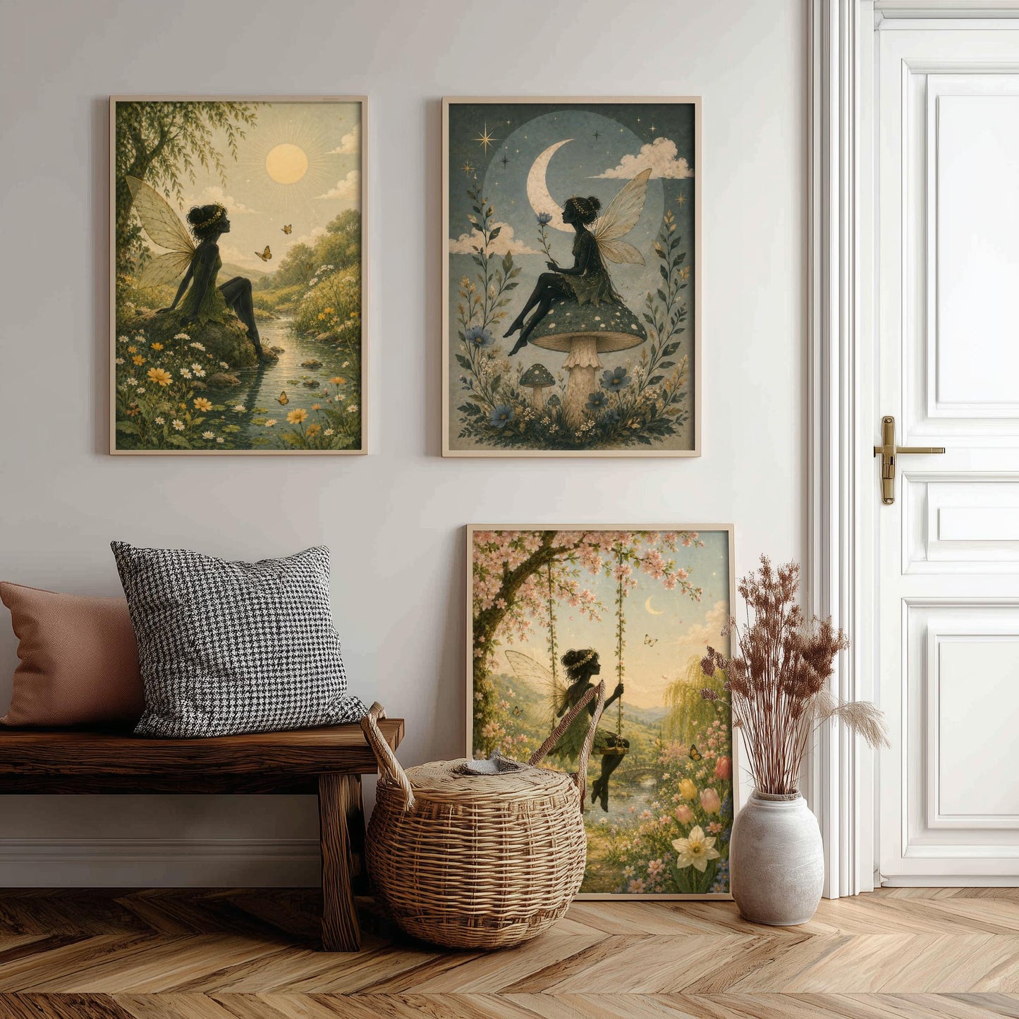 Fairy & Moon Botanical Set of Three Art Prints - Storybook Fairy Painting - Magical Floral Poster Wall Art Gift Decor V3