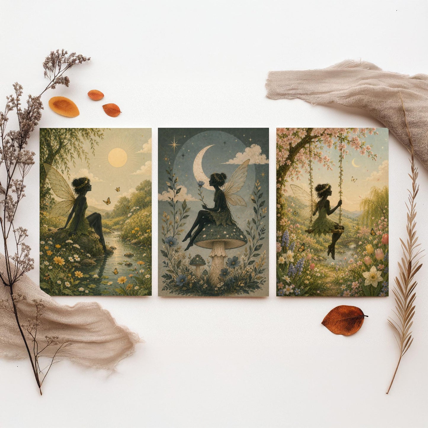 Fairy & Moon Botanical Set of Three Art Prints - Storybook Fairy Painting - Magical Floral Poster Wall Art Gift Decor V3