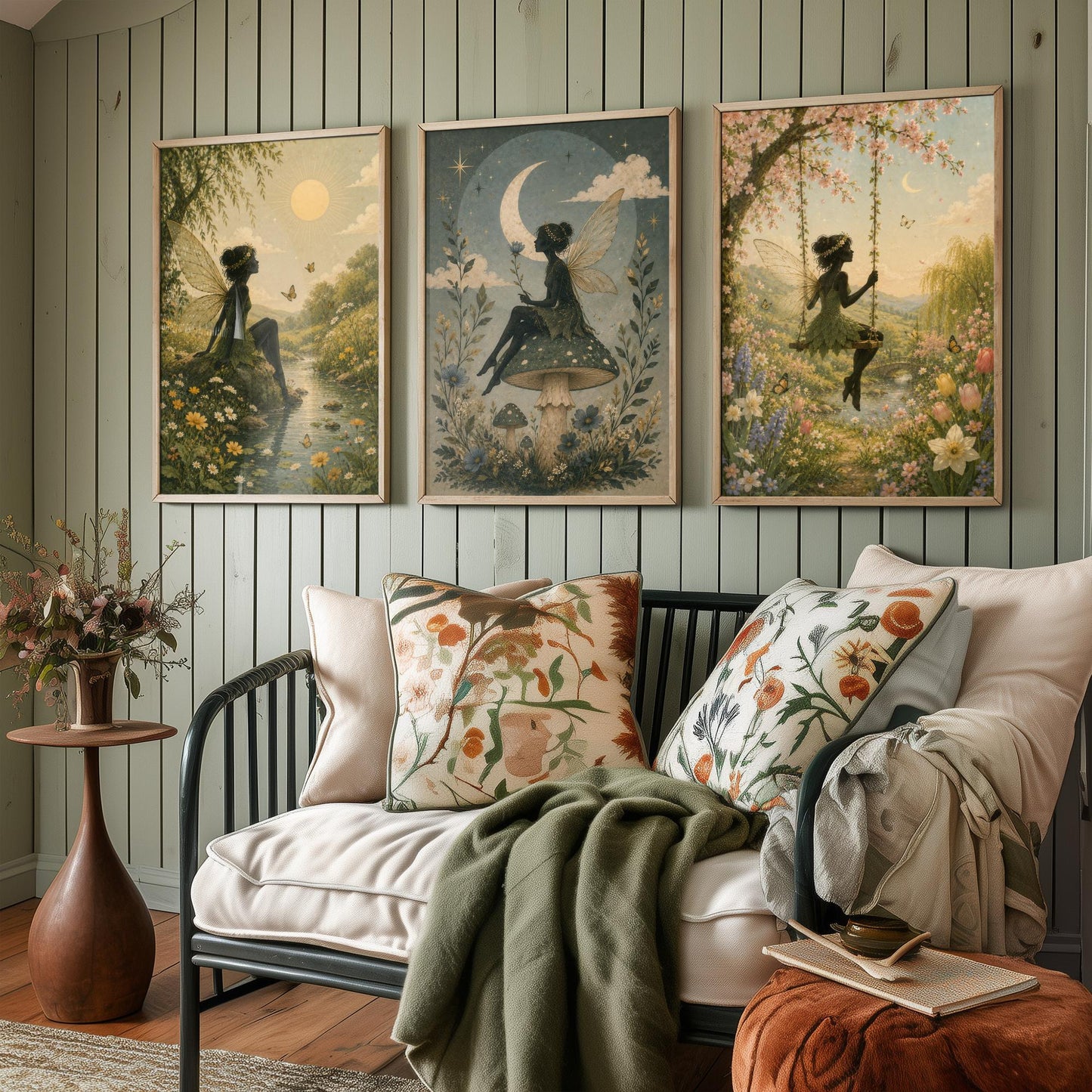 Fairy & Moon Botanical Set of Three Art Prints - Storybook Fairy Painting - Magical Floral Poster Wall Art Gift Decor V3