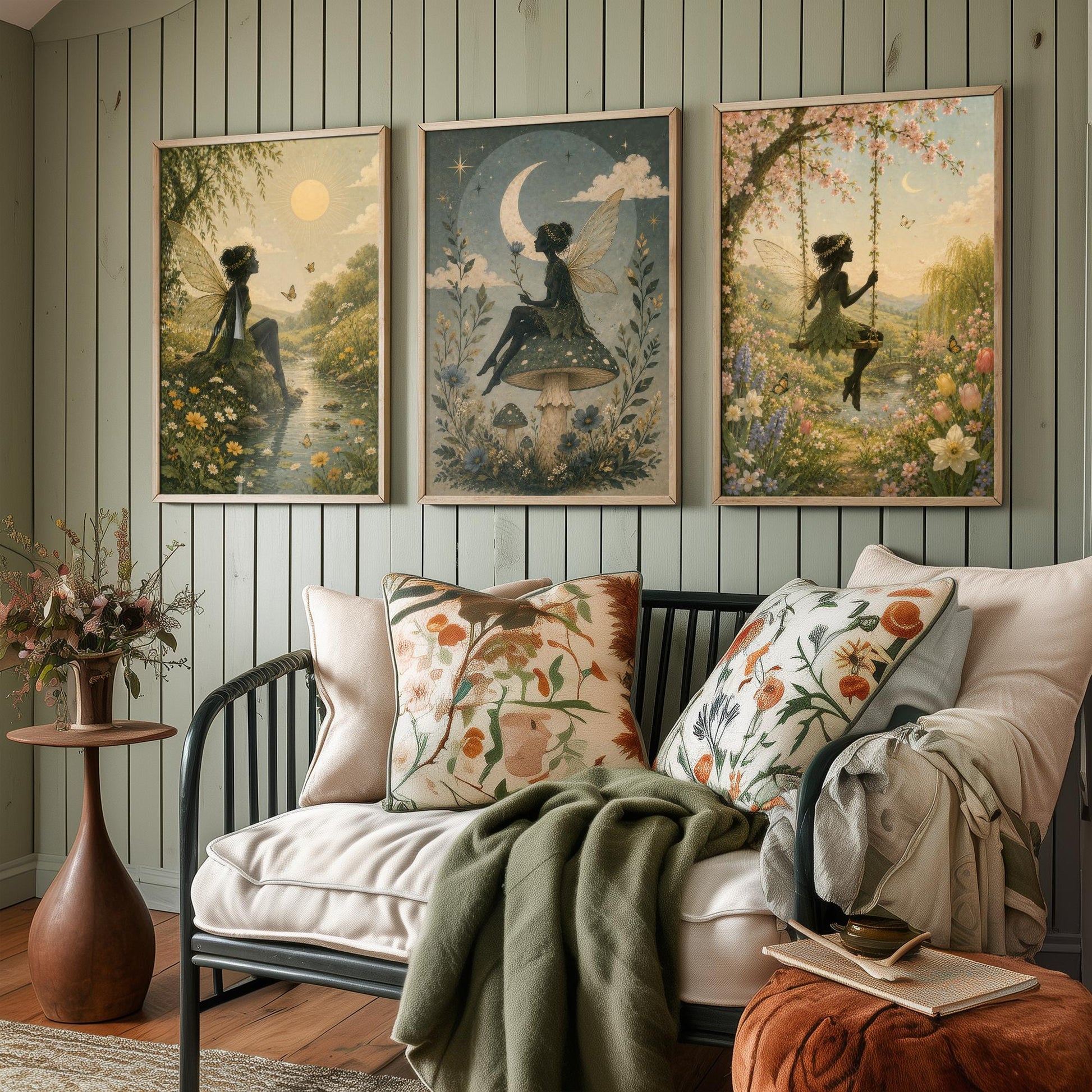Fairy & Moon Botanical Set of Three Art Prints - Storybook Fairy Painting - Magical Floral Poster Wall Art Gift Decor V3
