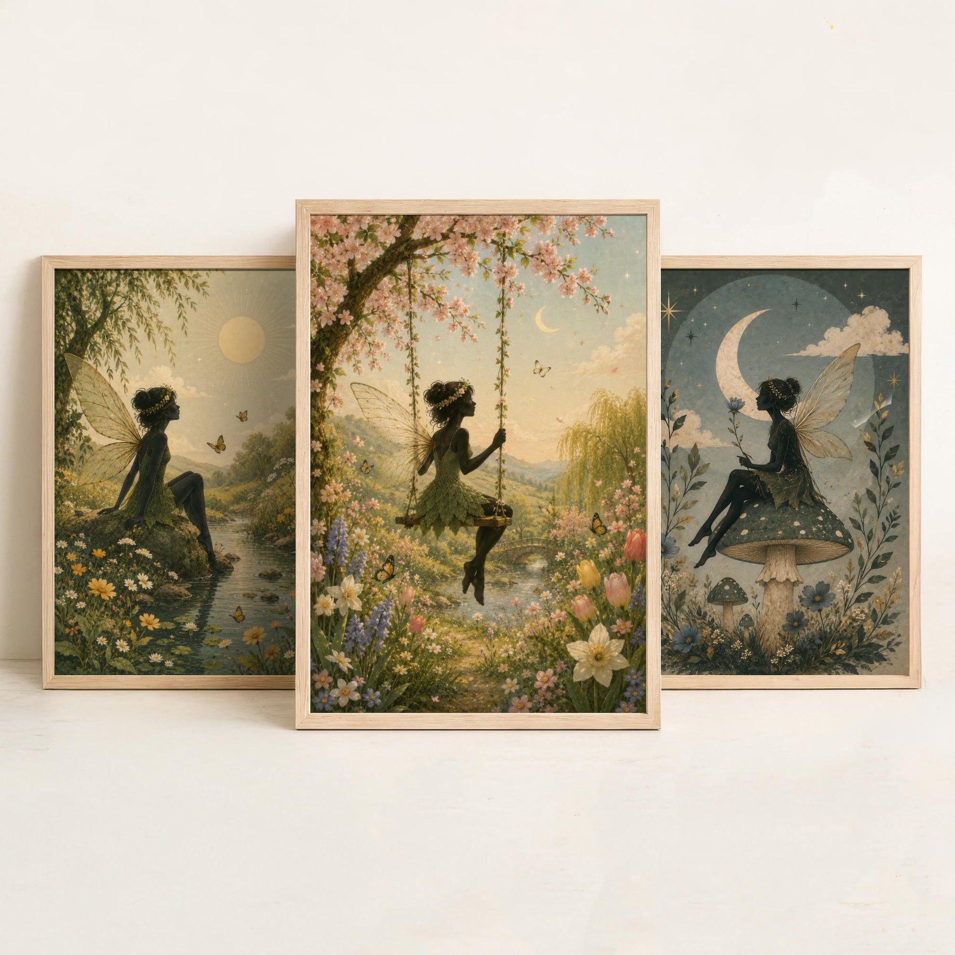 Fairy & Moon Botanical Set of Three Art Prints - Storybook Fairy Painting - Magical Floral Poster Wall Art Gift Decor V3