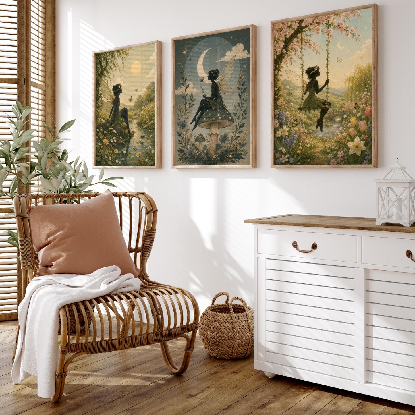 Fairy & Moon Botanical Set of Three Art Prints - Storybook Fairy Painting - Magical Floral Poster Wall Art Gift Decor V3