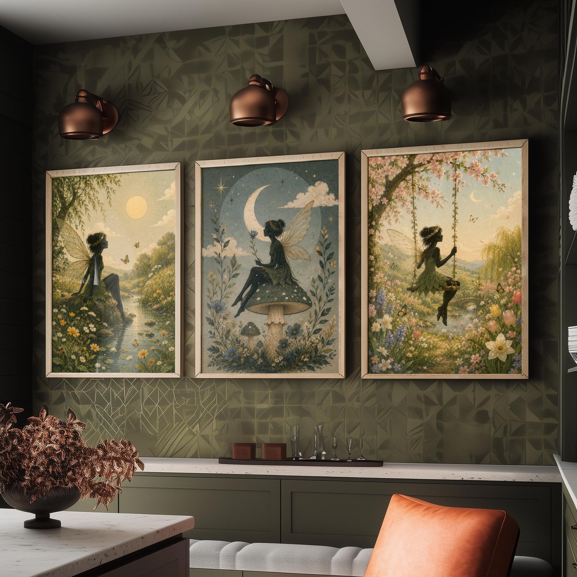 Fairy & Moon Botanical Set of Three Art Prints - Storybook Fairy Painting - Magical Floral Poster Wall Art Gift Decor V3