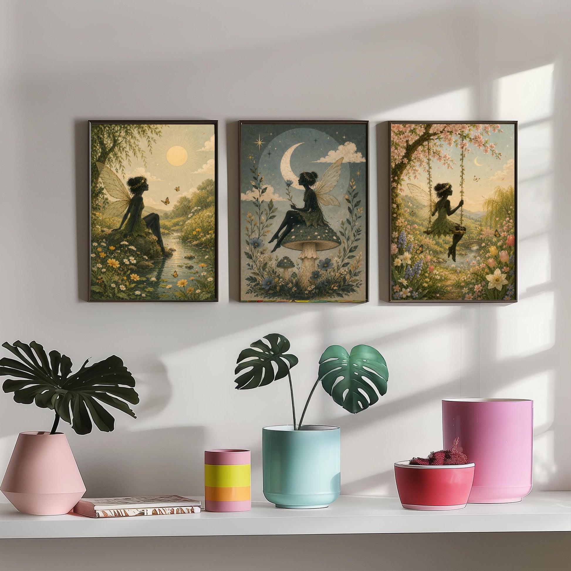 Fairy & Moon Botanical Set of Three Art Prints - Storybook Fairy Painting - Magical Floral Poster Wall Art Gift Decor V3