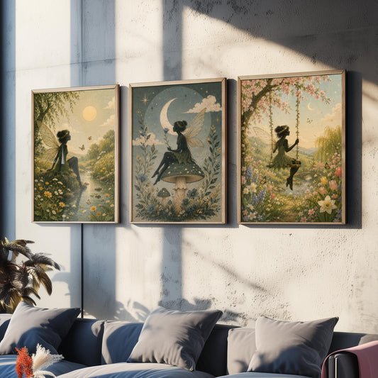 Fairy & Moon Botanical Set of Three Art Prints - Storybook Fairy Painting - Magical Floral Poster Wall Art Gift Decor V3