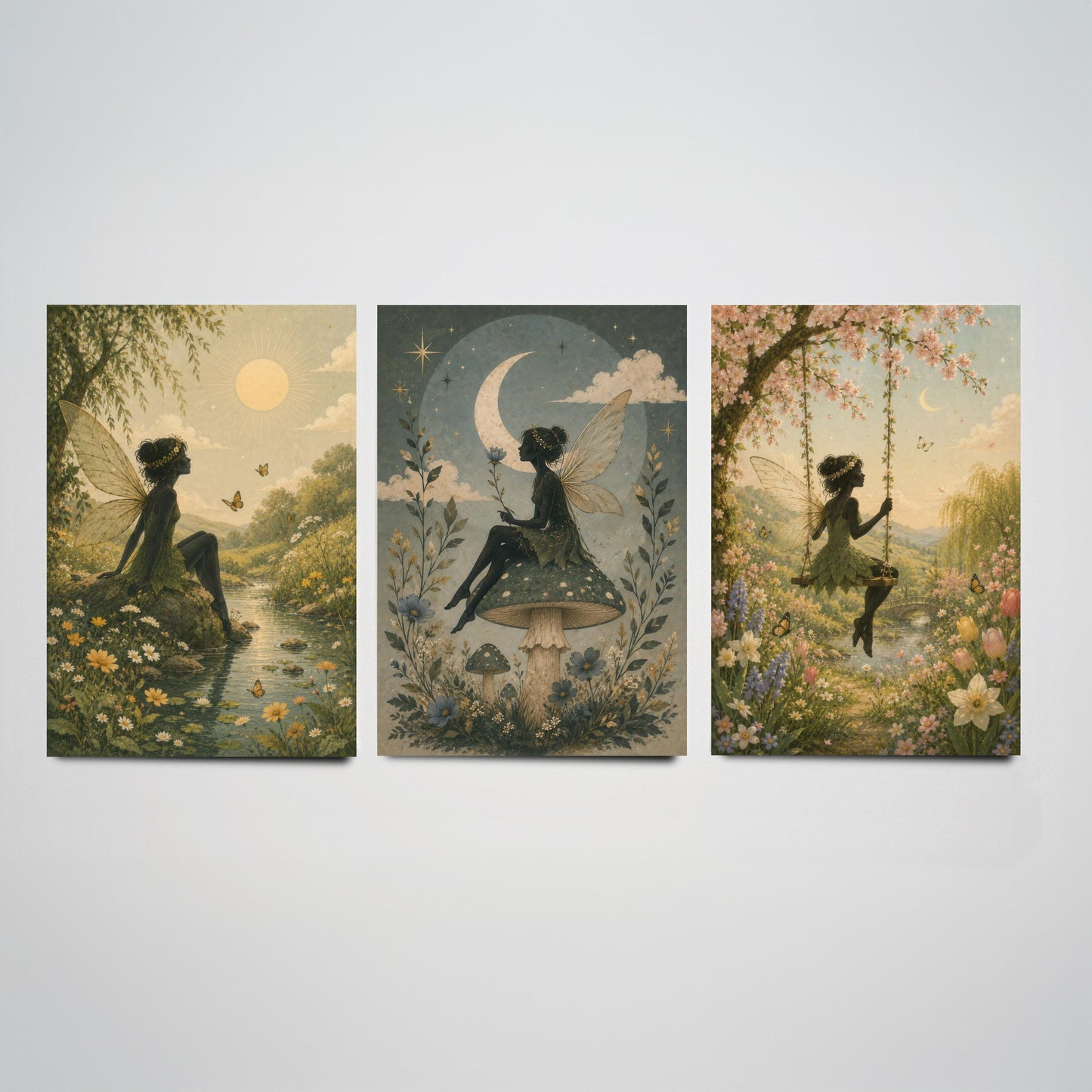 Fairy & Moon Botanical Set of Three Art Prints - Storybook Fairy Painting - Magical Floral Poster Wall Art Gift Decor V3