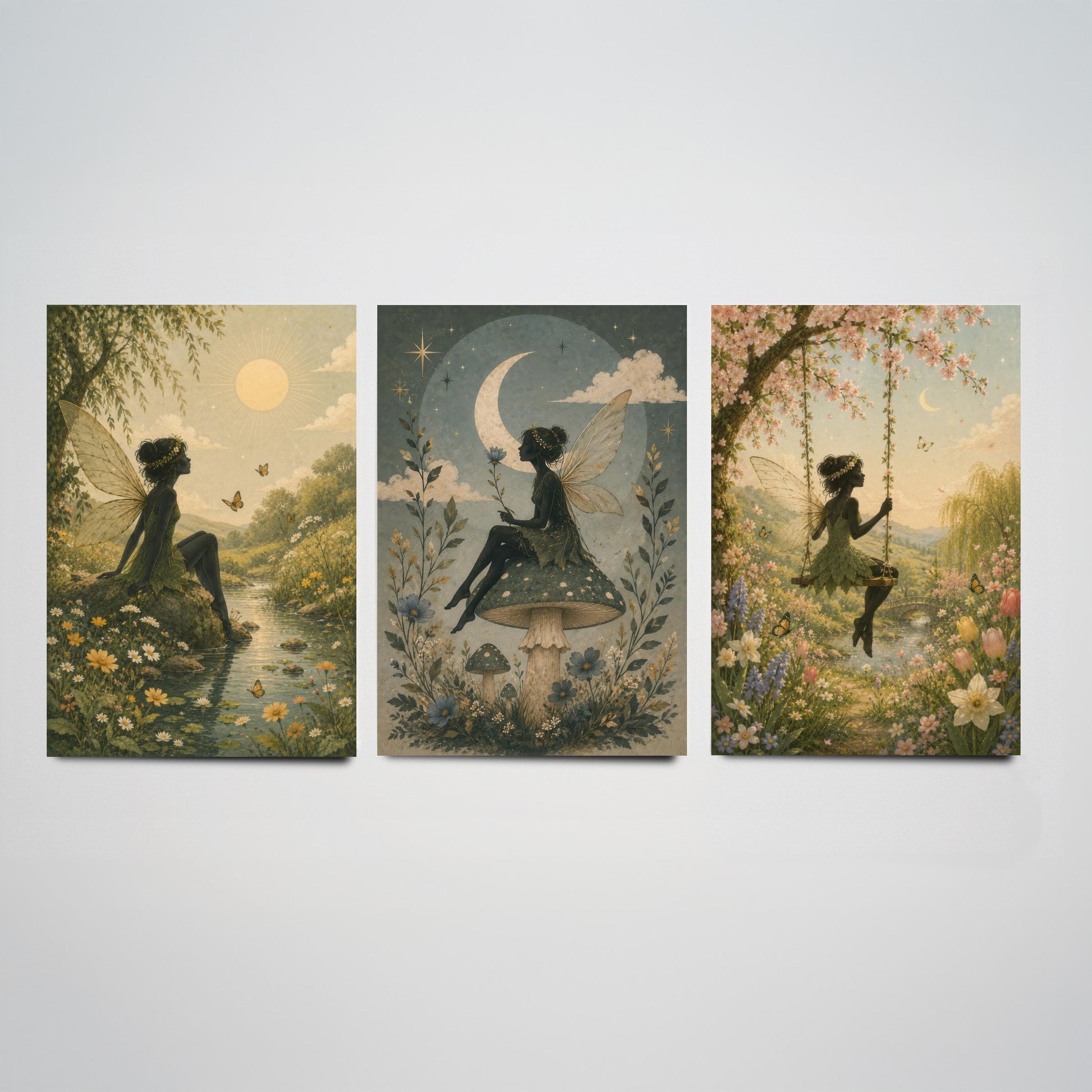 Fairy & Moon Botanical Set of Three Art Prints - Storybook Fairy Painting - Magical Floral Poster Wall Art Gift Decor V3