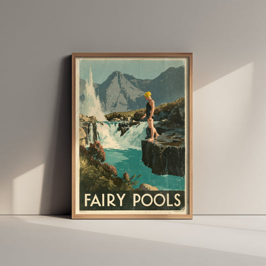 Fairy Pools Isle of Skye Travel Poster - Scotland Art Print - Vintage Wild Swimming Illustration - Cuillin Waterfall Swim V1