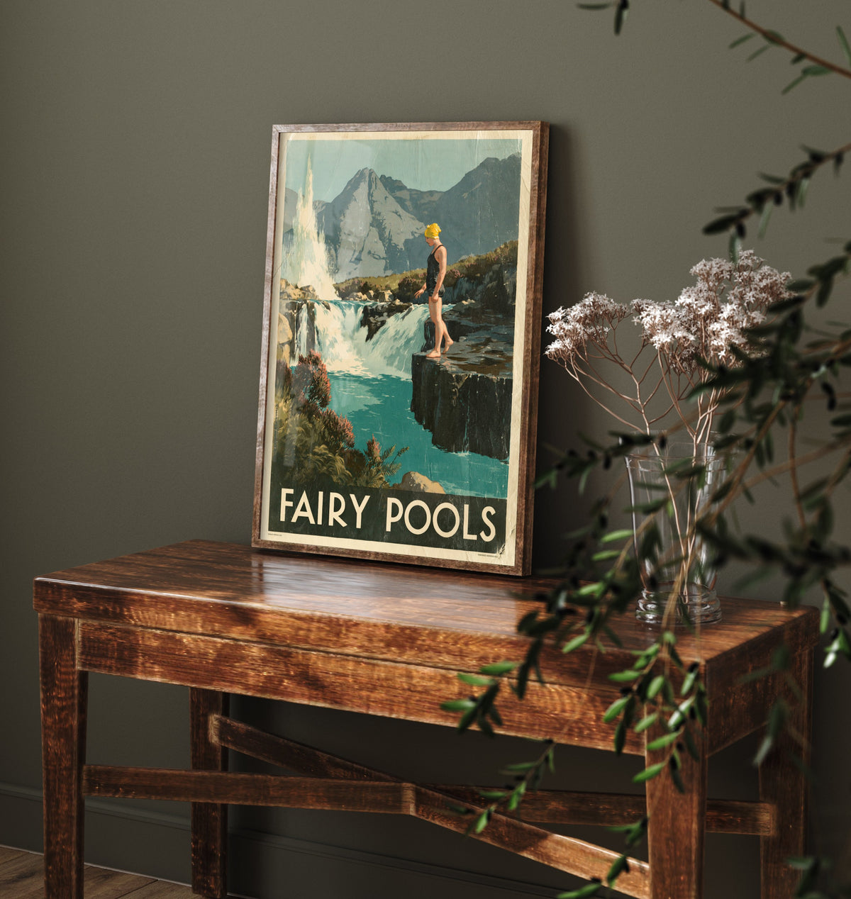 Fairy Pools Isle of Skye Travel Poster - Scotland Art Print - Vintage Wild Swimming Illustration - Cuillin Waterfall Swim V1
