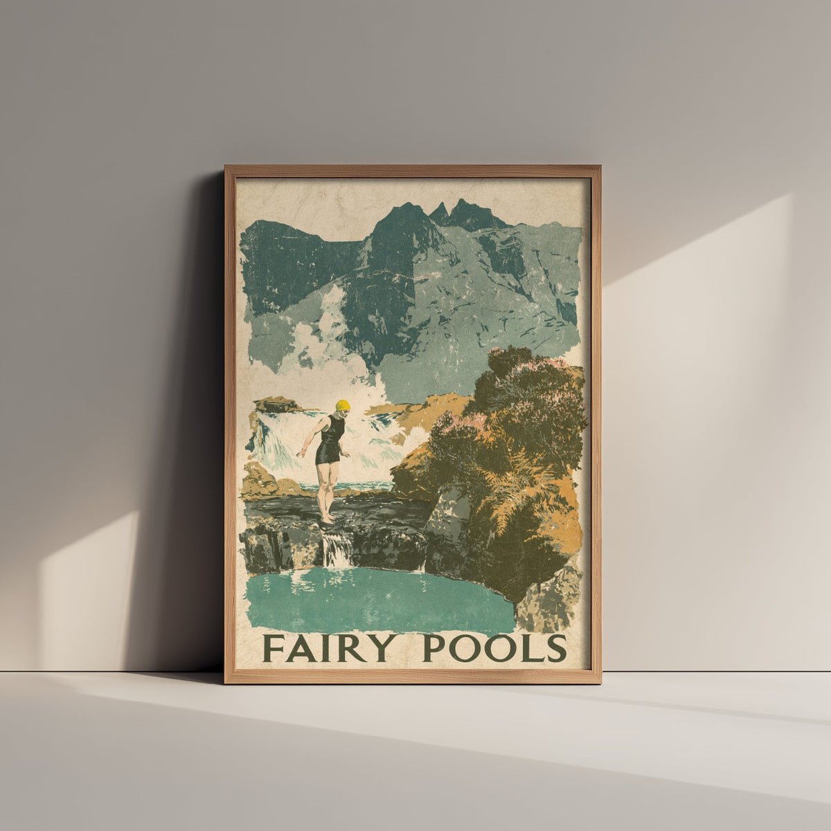 Fairy Pools Skye Travel Poster - Scottish Highlands Art Print - Grainy Screen Print Swimming Illustration - Waterfall Pools V2