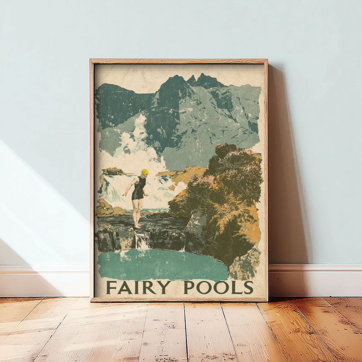 Fairy Pools Skye Travel Poster - Scottish Highlands Art Print - Grainy Screen Print Swimming Illustration - Waterfall Pools V2