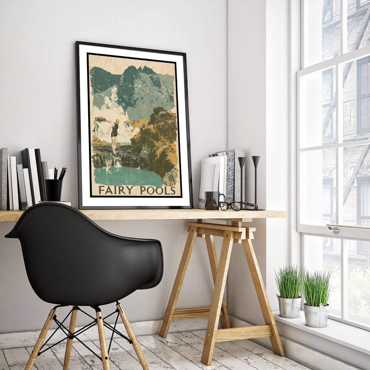 Fairy Pools Skye Travel Poster - Scottish Highlands Art Print - Grainy Screen Print Swimming Illustration - Waterfall Pools V2