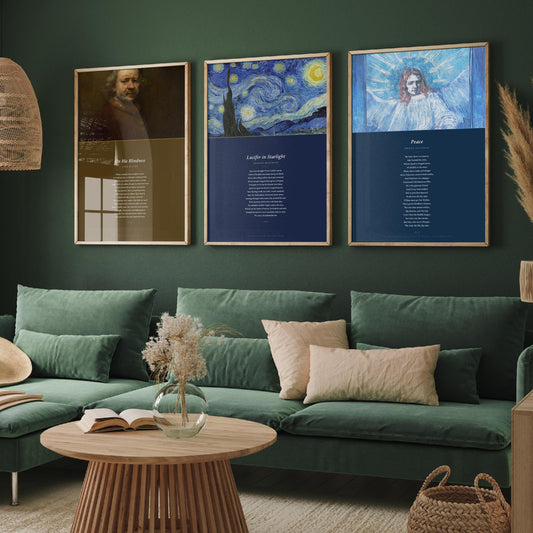 Faith Poems Set of Three Art Prints - On His Blindness, Lucifer in Starlight, Peace - Full Poems over Van Gogh Paintings - Poster Triptych