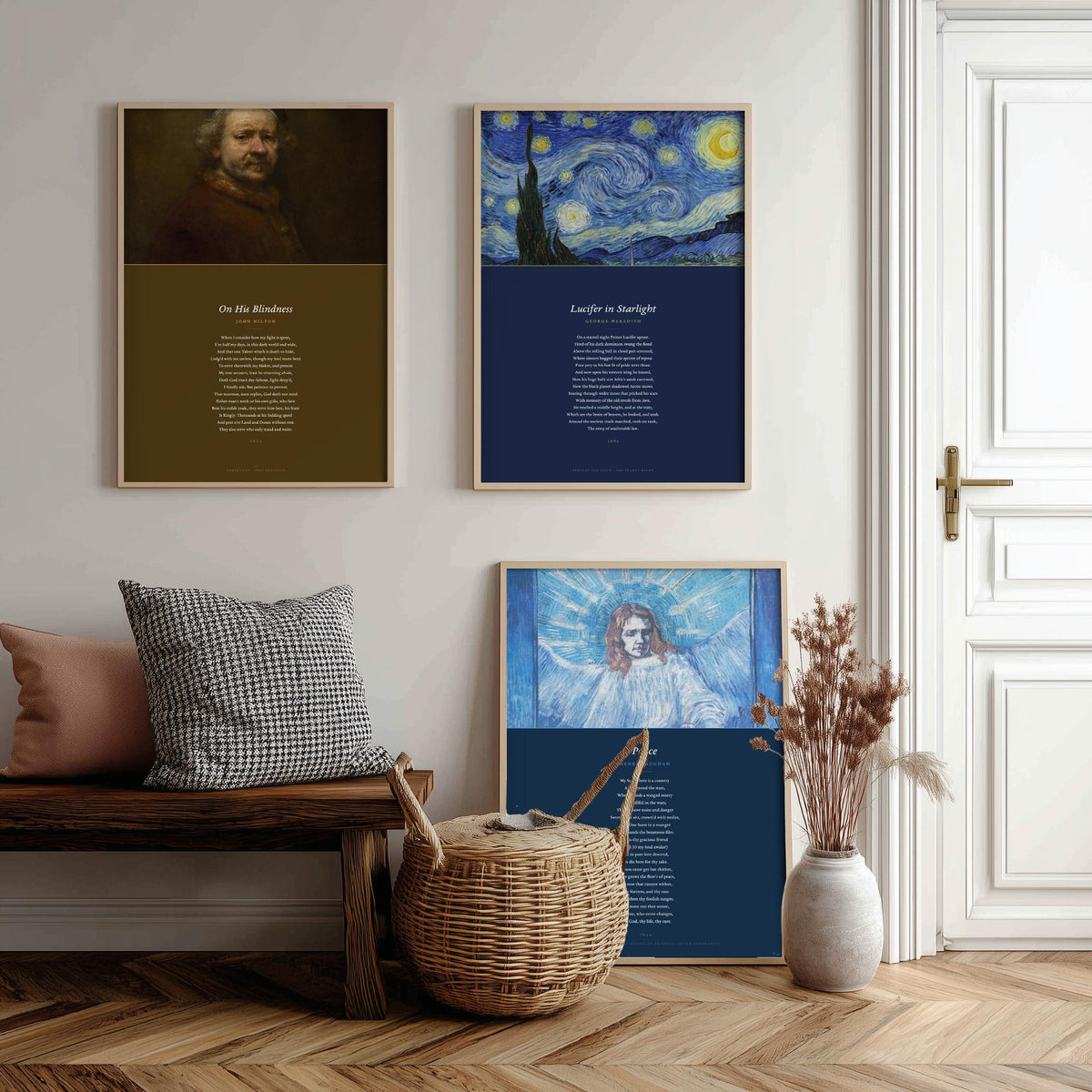Faith Poems Set of Three Art Prints - On His Blindness, Lucifer in Starlight, Peace - Full Poems over Van Gogh Paintings - Poster Triptych