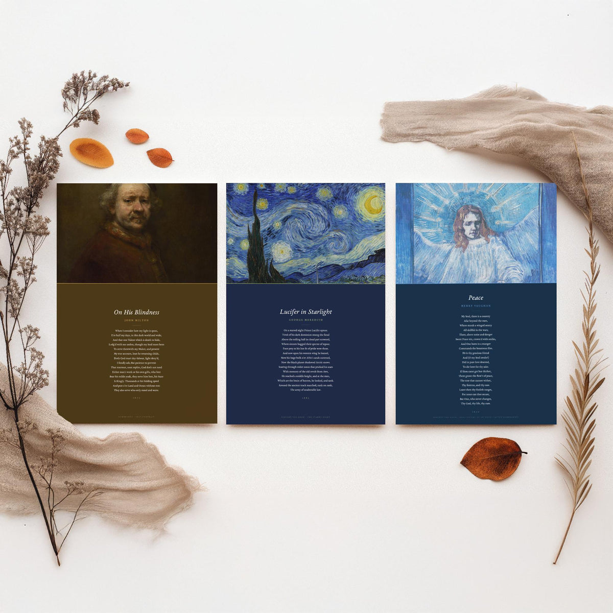 Faith Poems Set of Three Art Prints - On His Blindness, Lucifer in Starlight, Peace - Full Poems over Van Gogh Paintings - Poster Triptych