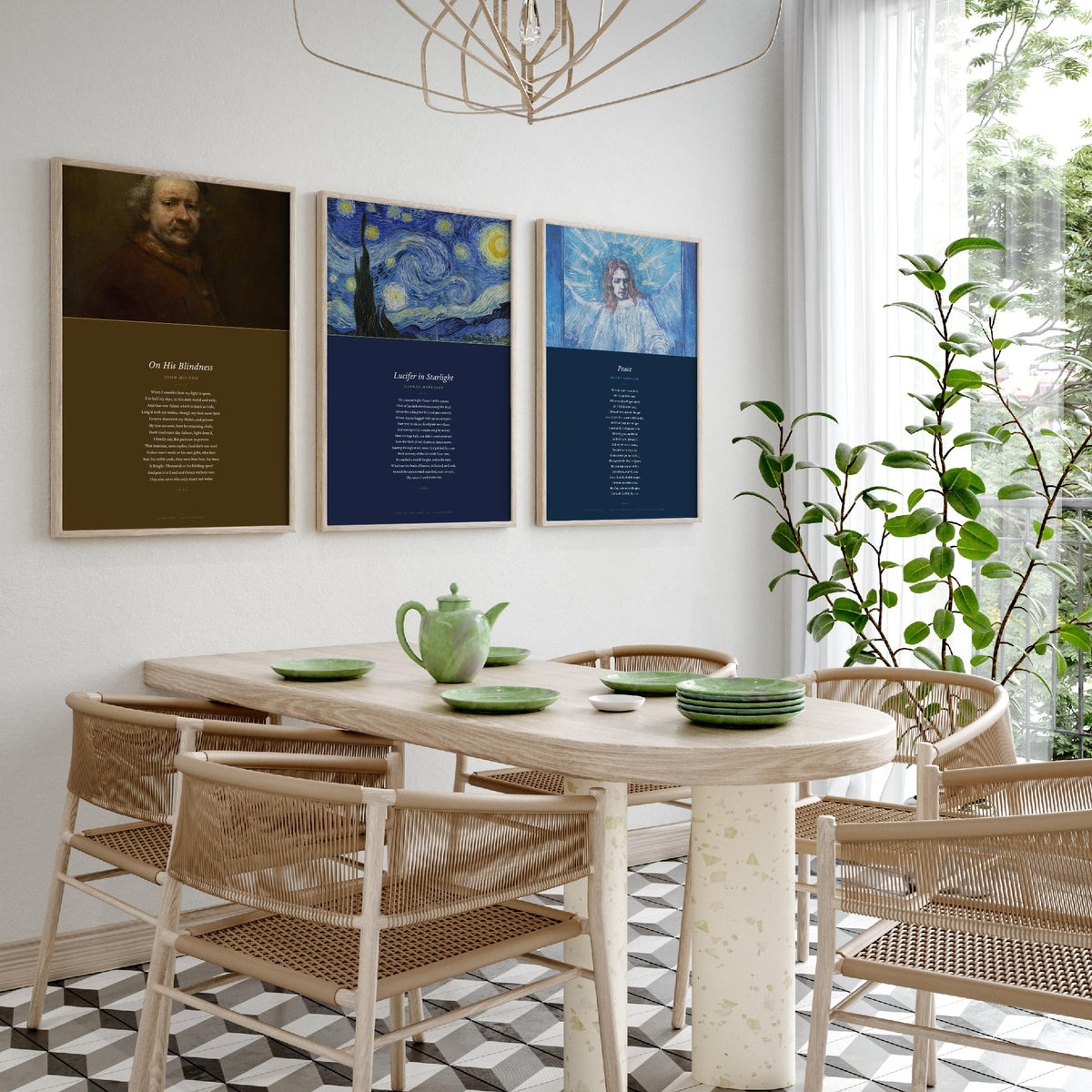 Faith Poems Set of Three Art Prints - On His Blindness, Lucifer in Starlight, Peace - Full Poems over Van Gogh Paintings - Poster Triptych