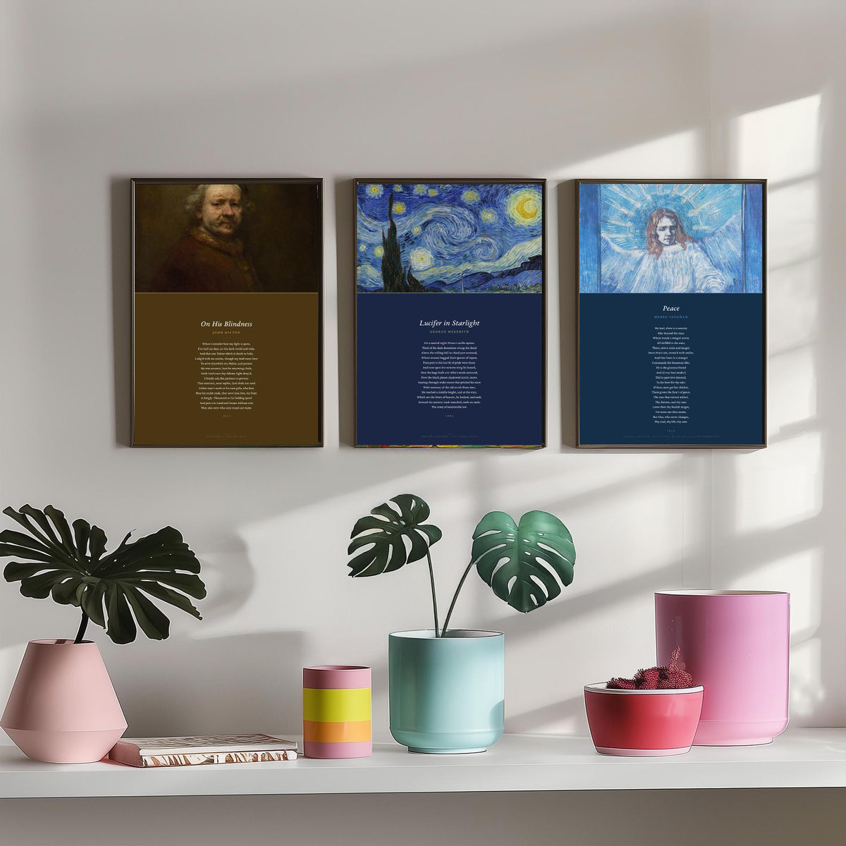 Faith Poems Set of Three Art Prints - On His Blindness, Lucifer in Starlight, Peace - Full Poems over Van Gogh Paintings - Poster Triptych