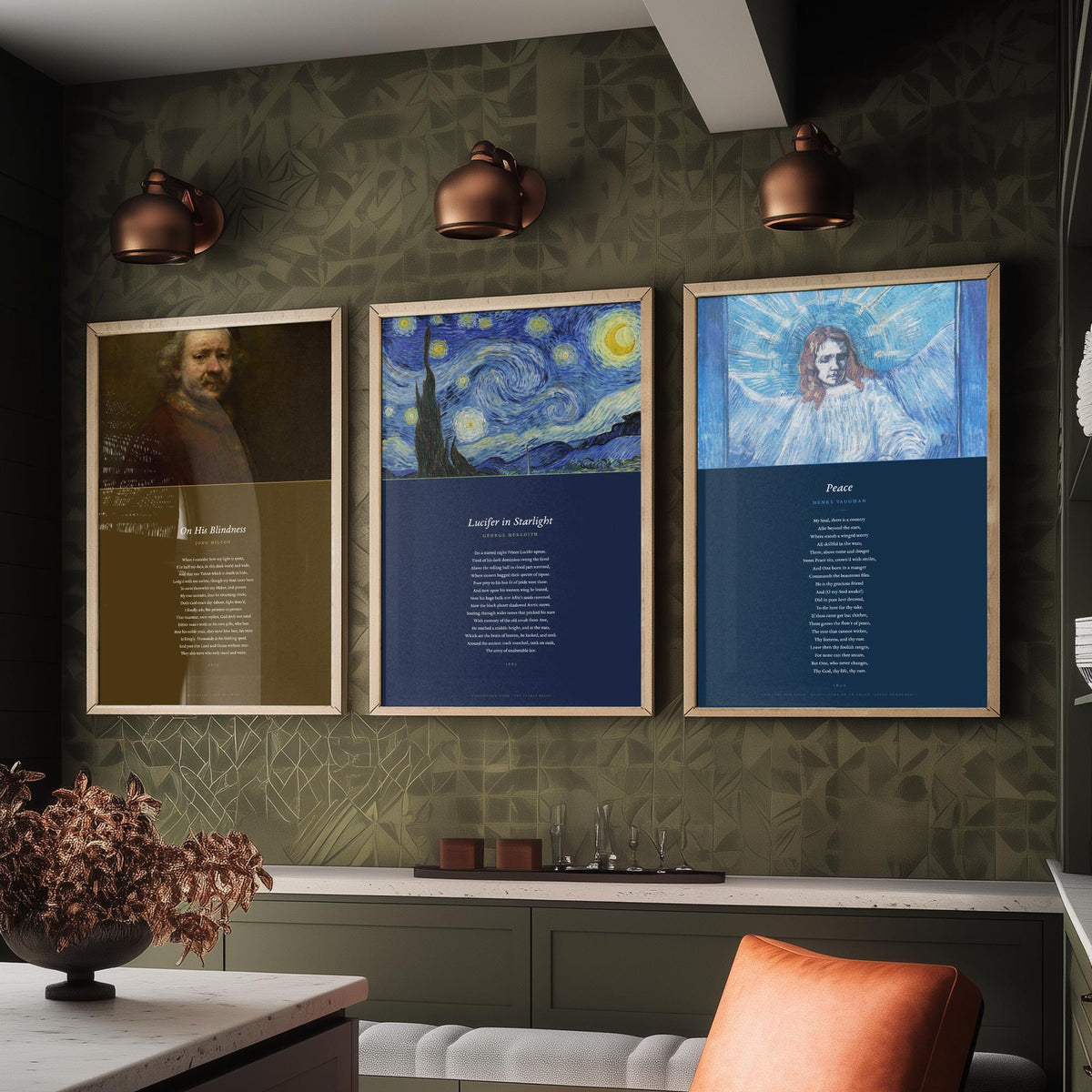 Faith Poems Set of Three Art Prints - On His Blindness, Lucifer in Starlight, Peace - Full Poems over Van Gogh Paintings - Poster Triptych