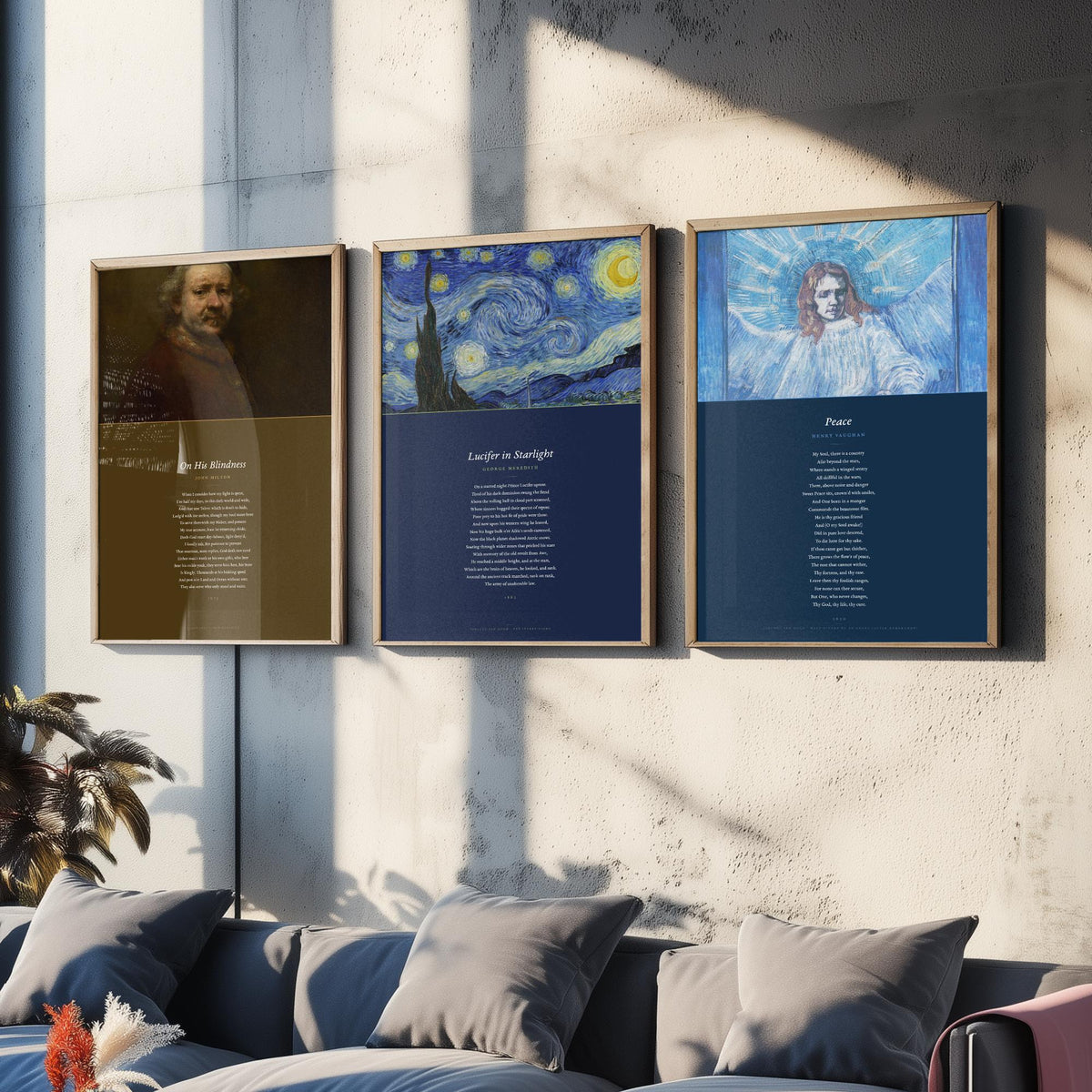 Faith Poems Set of Three Art Prints - On His Blindness, Lucifer in Starlight, Peace - Full Poems over Van Gogh Paintings - Poster Triptych