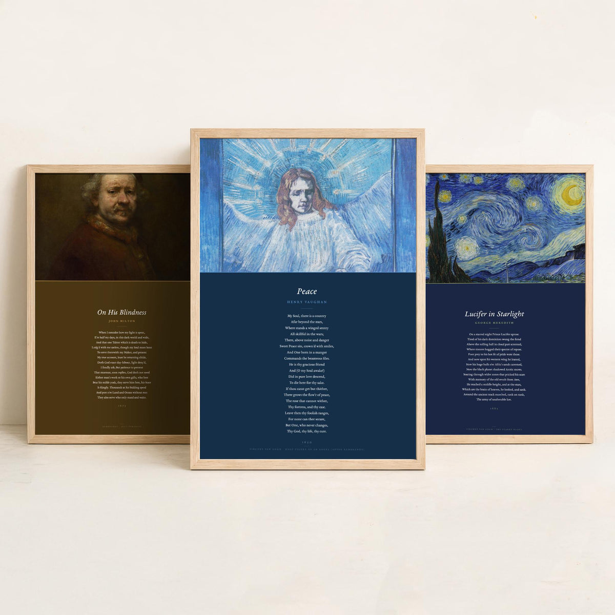 Faith Poems Set of Three Art Prints - On His Blindness, Lucifer in Starlight, Peace - Full Poems over Van Gogh Paintings - Poster Triptych